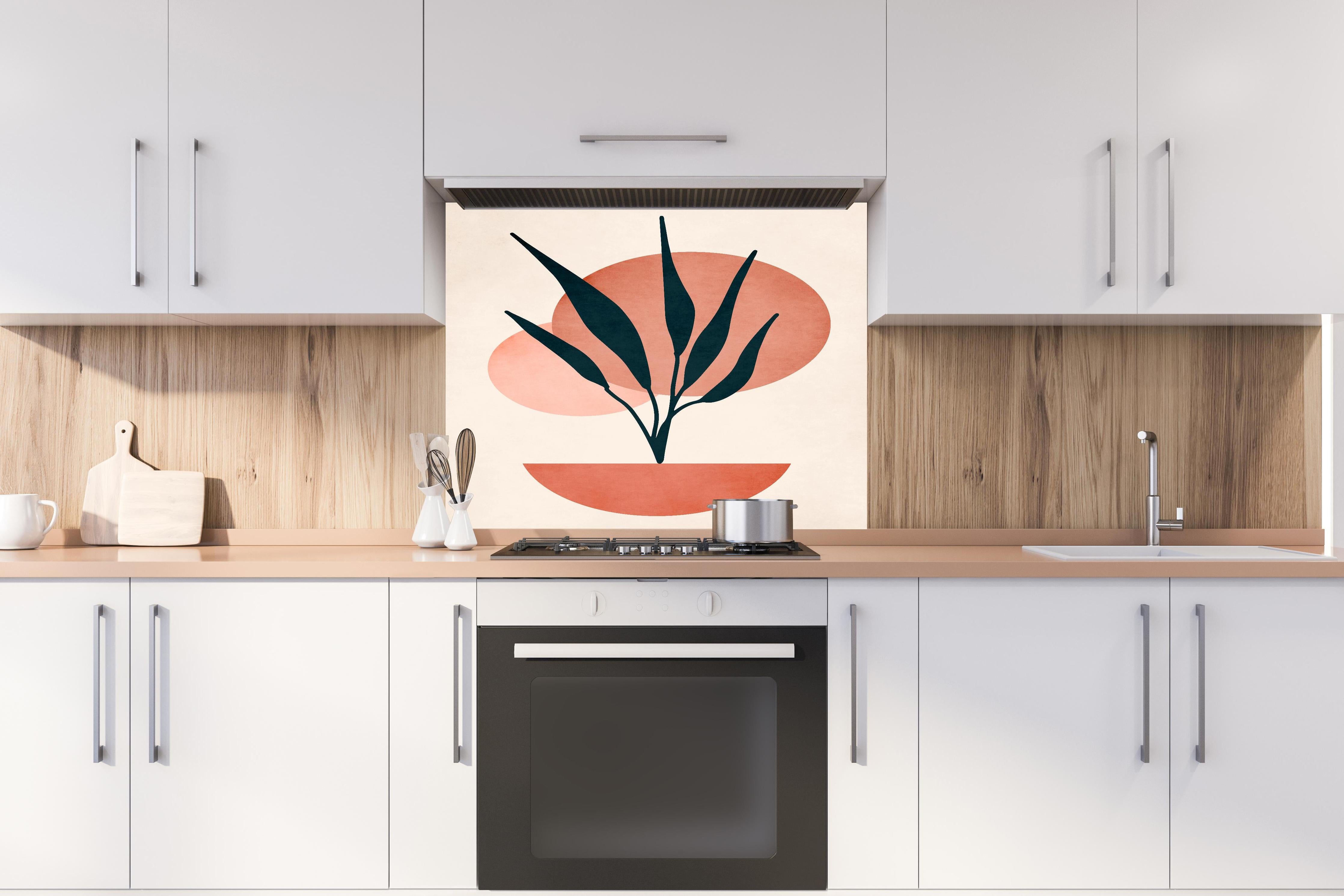 Spritzschutz - Moderne Darstellung - Floral hinter einem Cerankochfeld zwischen Holz-Kochutensilien
