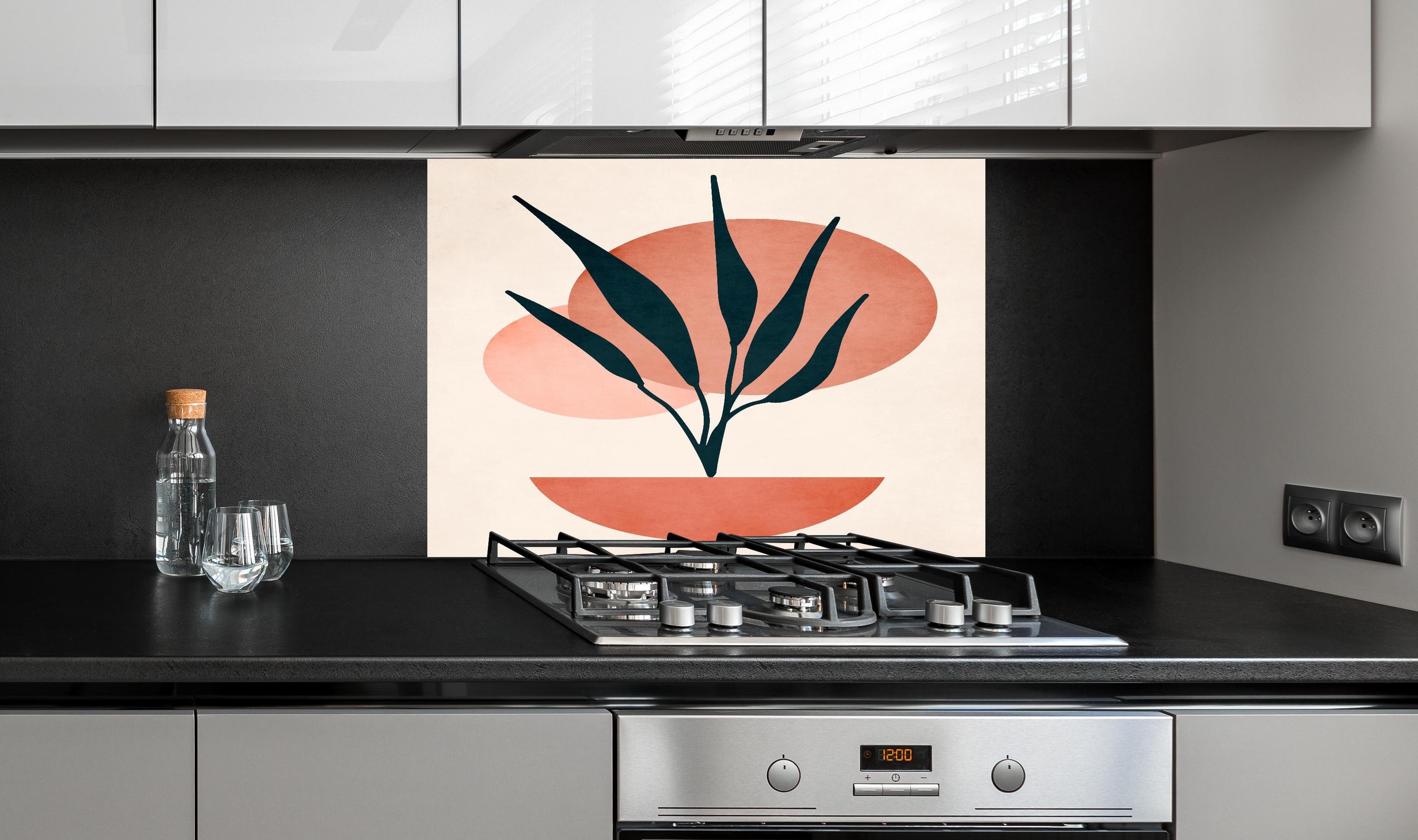 Spritzschutz - Moderne Darstellung - Floral hinter einem Cerankochfeld zwischen Holz-Kochutensilien
