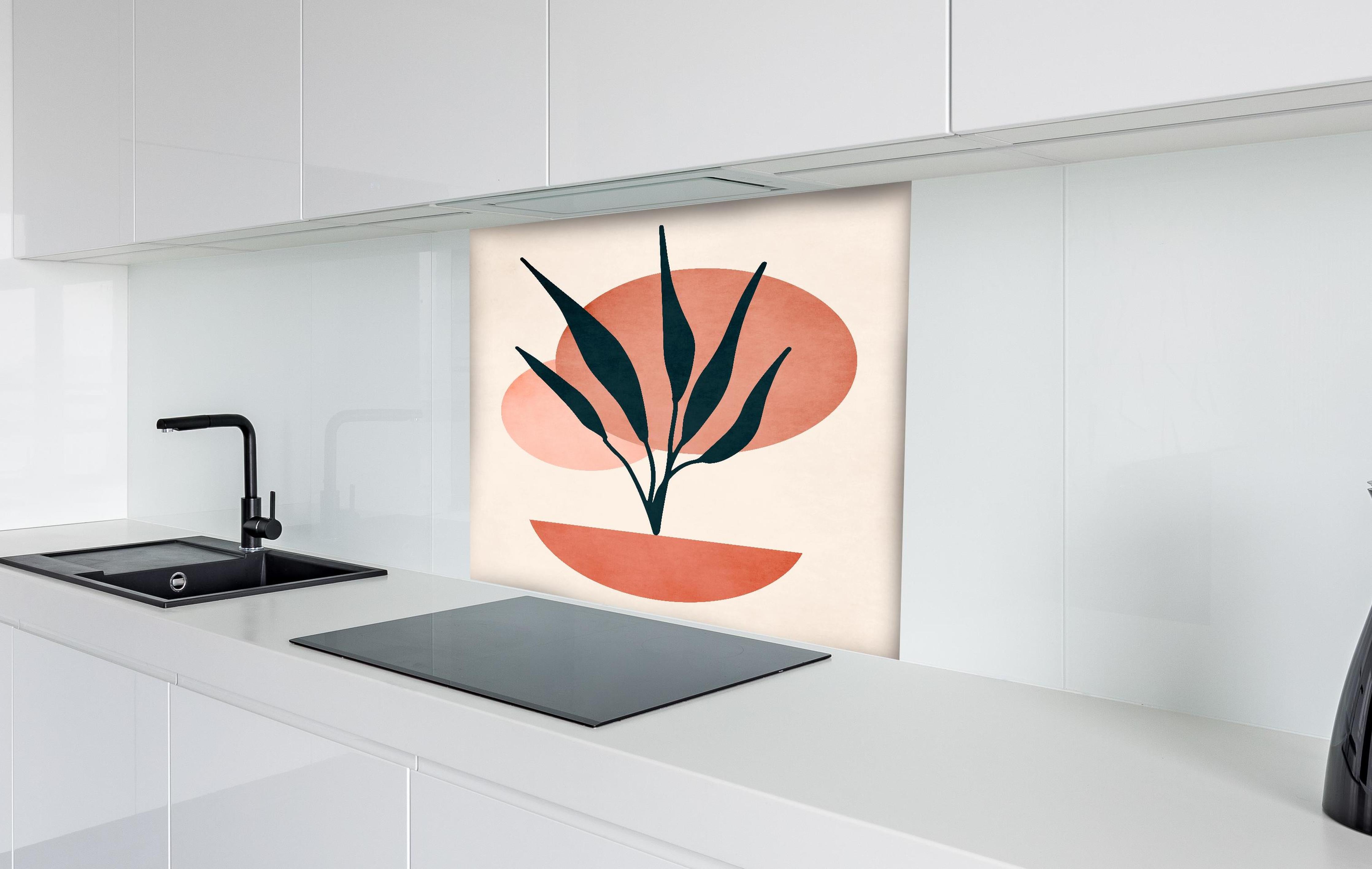 Spritzschutz - Moderne Darstellung - Floral hinter einem Cerankochfeld zwischen Holz-Kochutensilien
