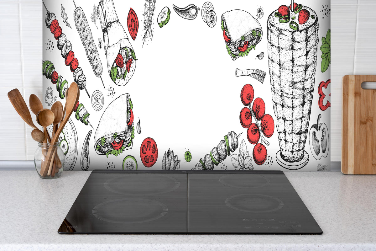 Spritzschutz - Moderne Küchen-Kunst Schwarz-Weiß Zeichnung hinter einem Cerankochfeld zwischen Holz-Kochutensilien
