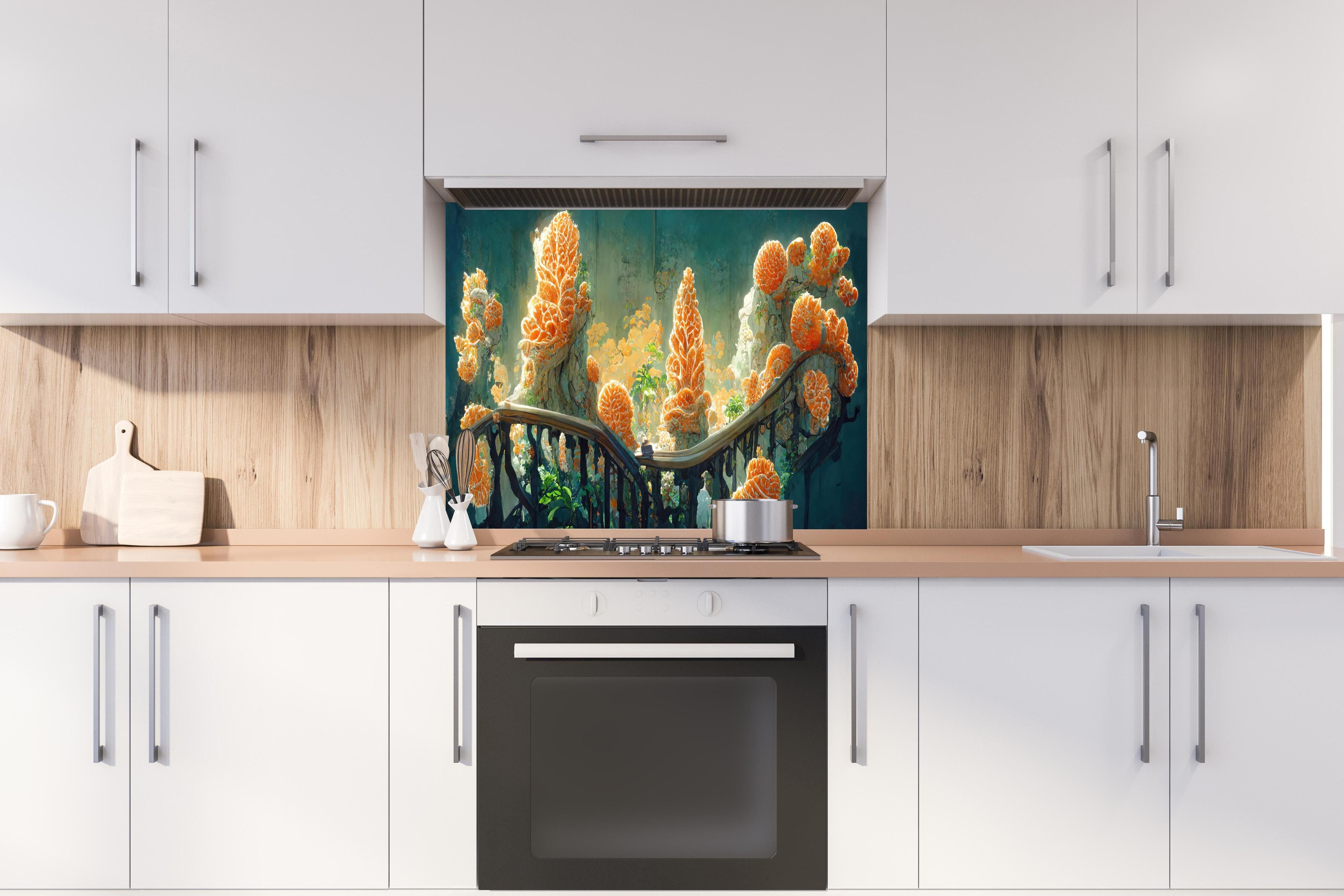 Spritzschutz - Moderne Kunst - Kakteen hinter einem Cerankochfeld zwischen Holz-Kochutensilien
