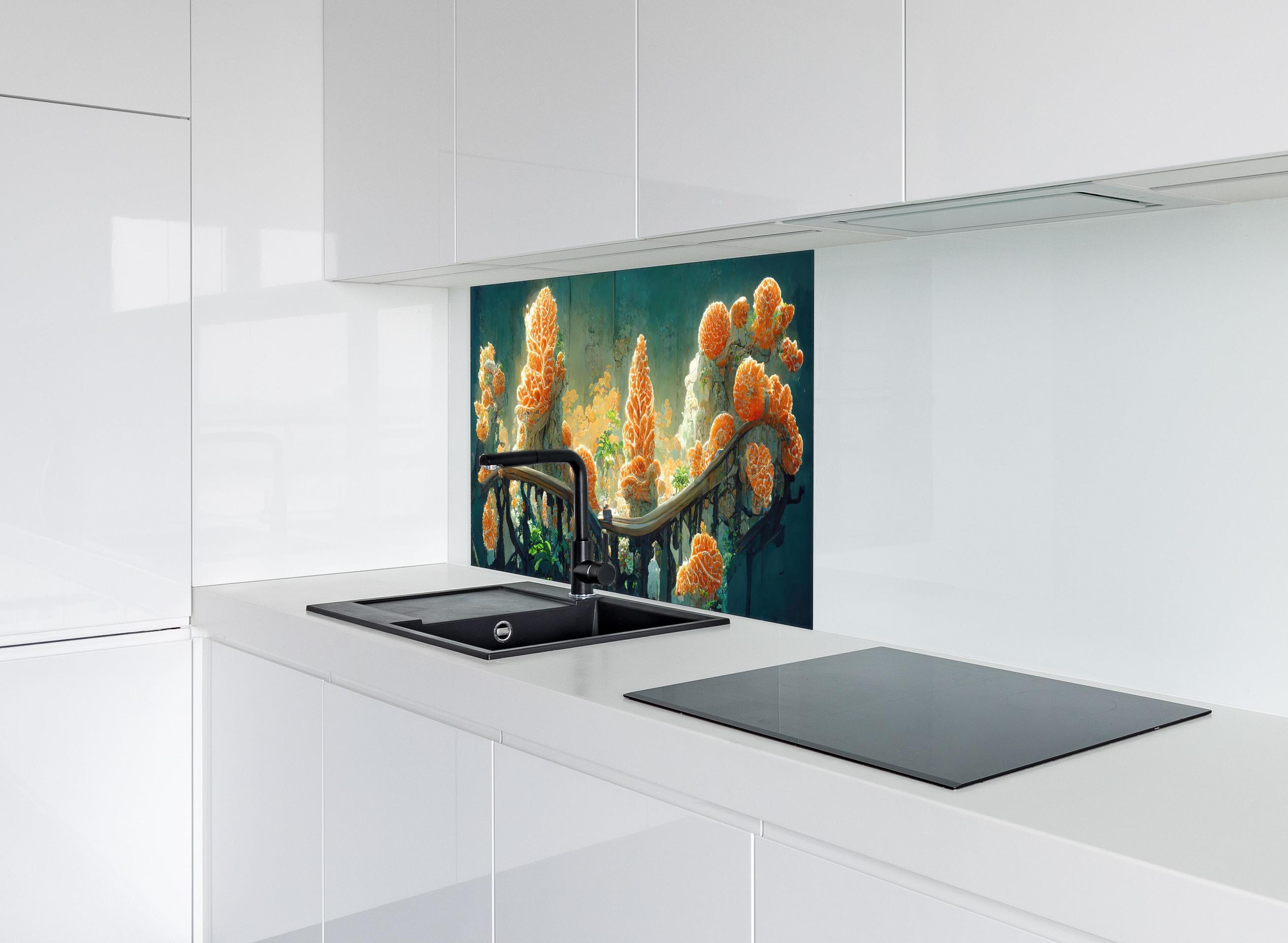 Spritzschutz - Moderne Kunst - Kakteen hinter einem Cerankochfeld zwischen Holz-Kochutensilien
