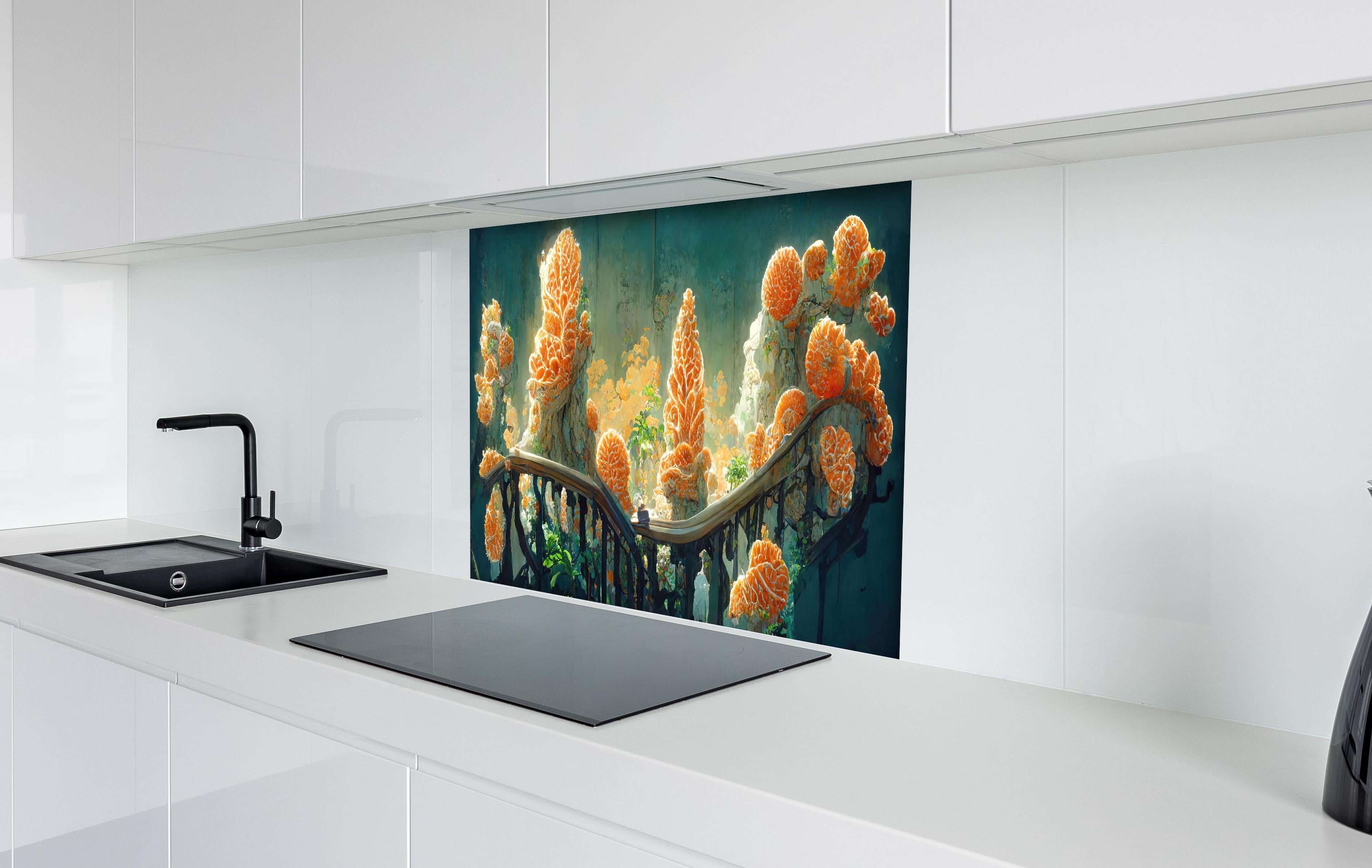 Spritzschutz - Moderne Kunst - Kakteen hinter einem Cerankochfeld zwischen Holz-Kochutensilien
