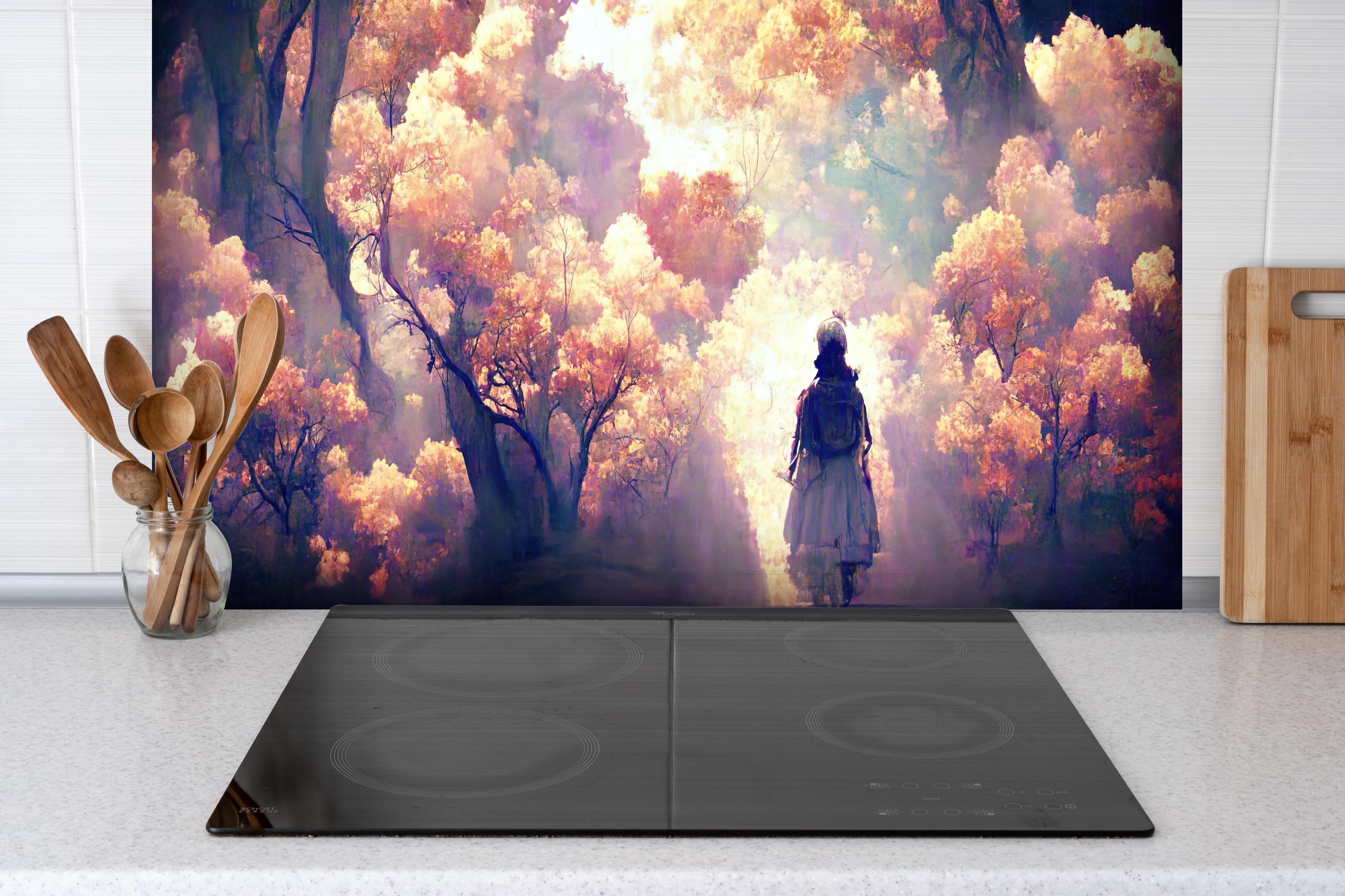 Spritzschutz - Moderne Kunst - Person in den Wäldern hinter einem Cerankochfeld zwischen Holz-Kochutensilien
