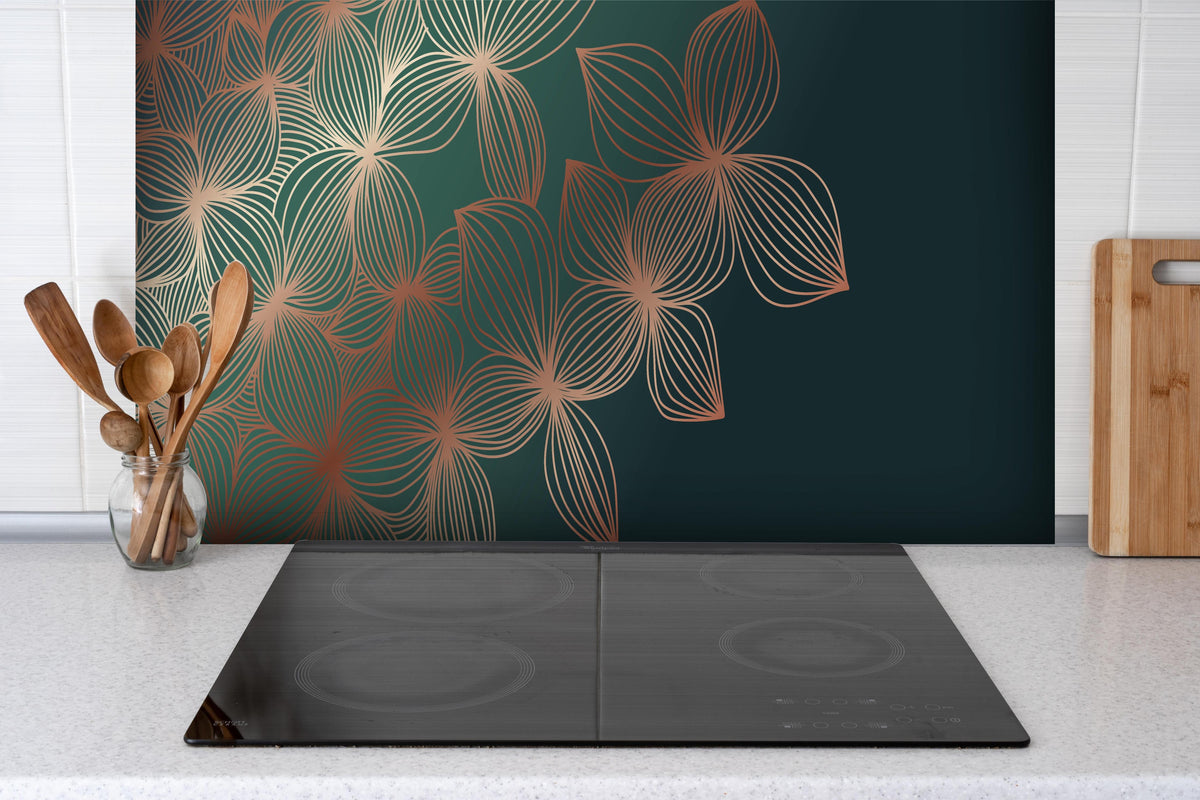 Spritzschutz - Moderne Lineart Blumen Illustration hinter einem Cerankochfeld zwischen Holz-Kochutensilien
