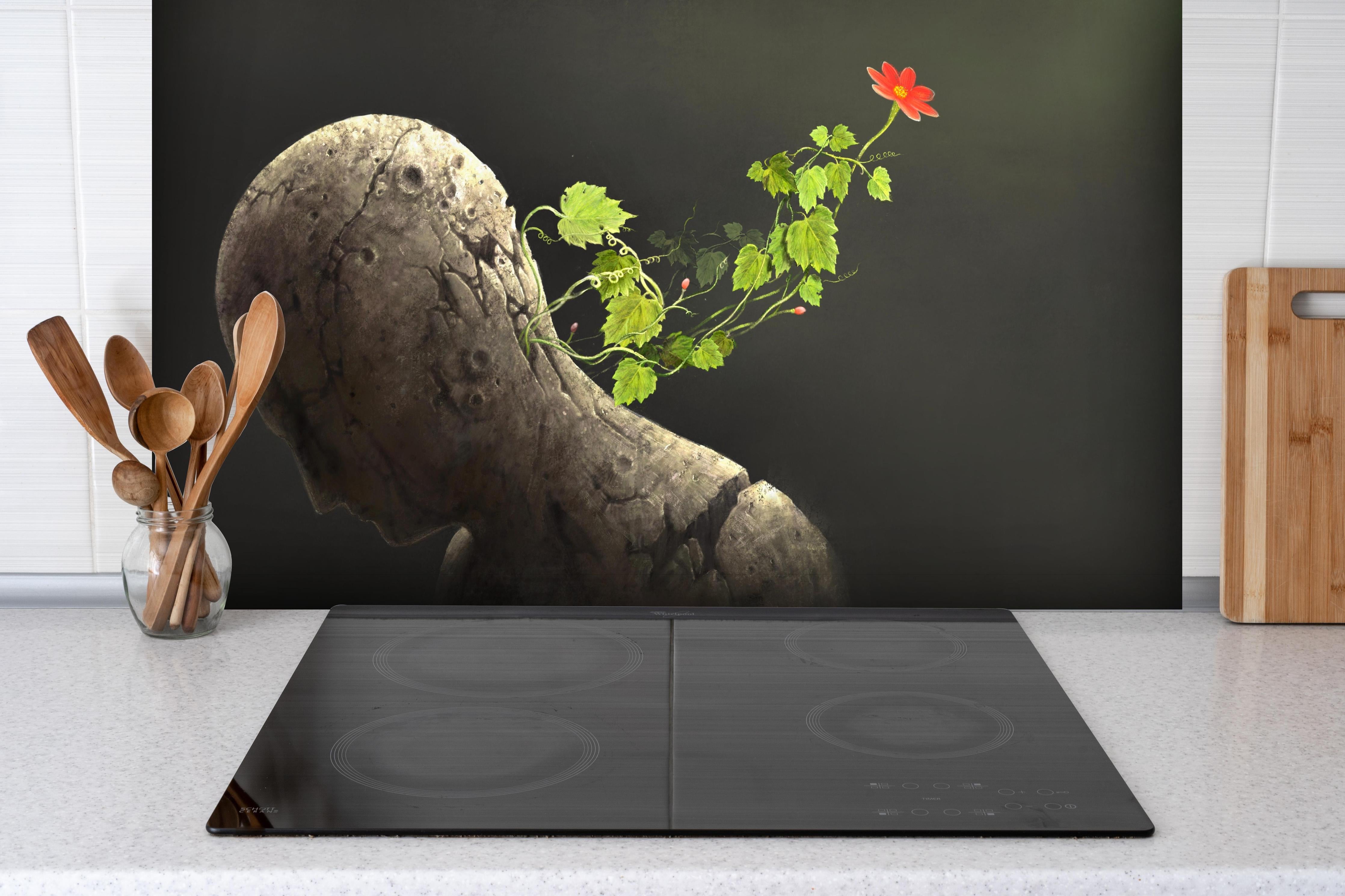 Spritzschutz - Moderne Malerei - Fantasie hinter einem Cerankochfeld zwischen Holz-Kochutensilien
