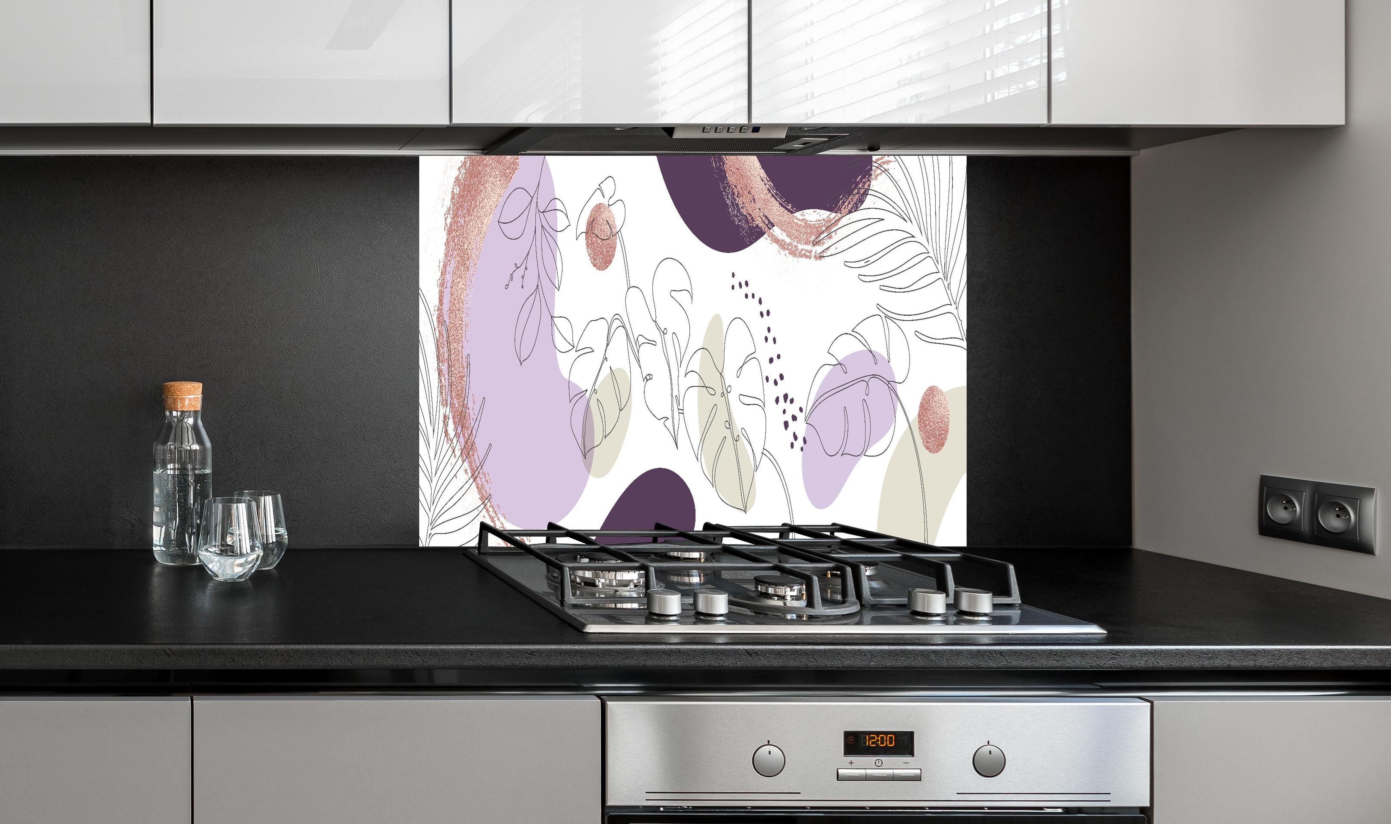 Spritzschutz - Moderne Pastellfarben Illustration Kunstdruck hinter einem Cerankochfeld zwischen Holz-Kochutensilien
