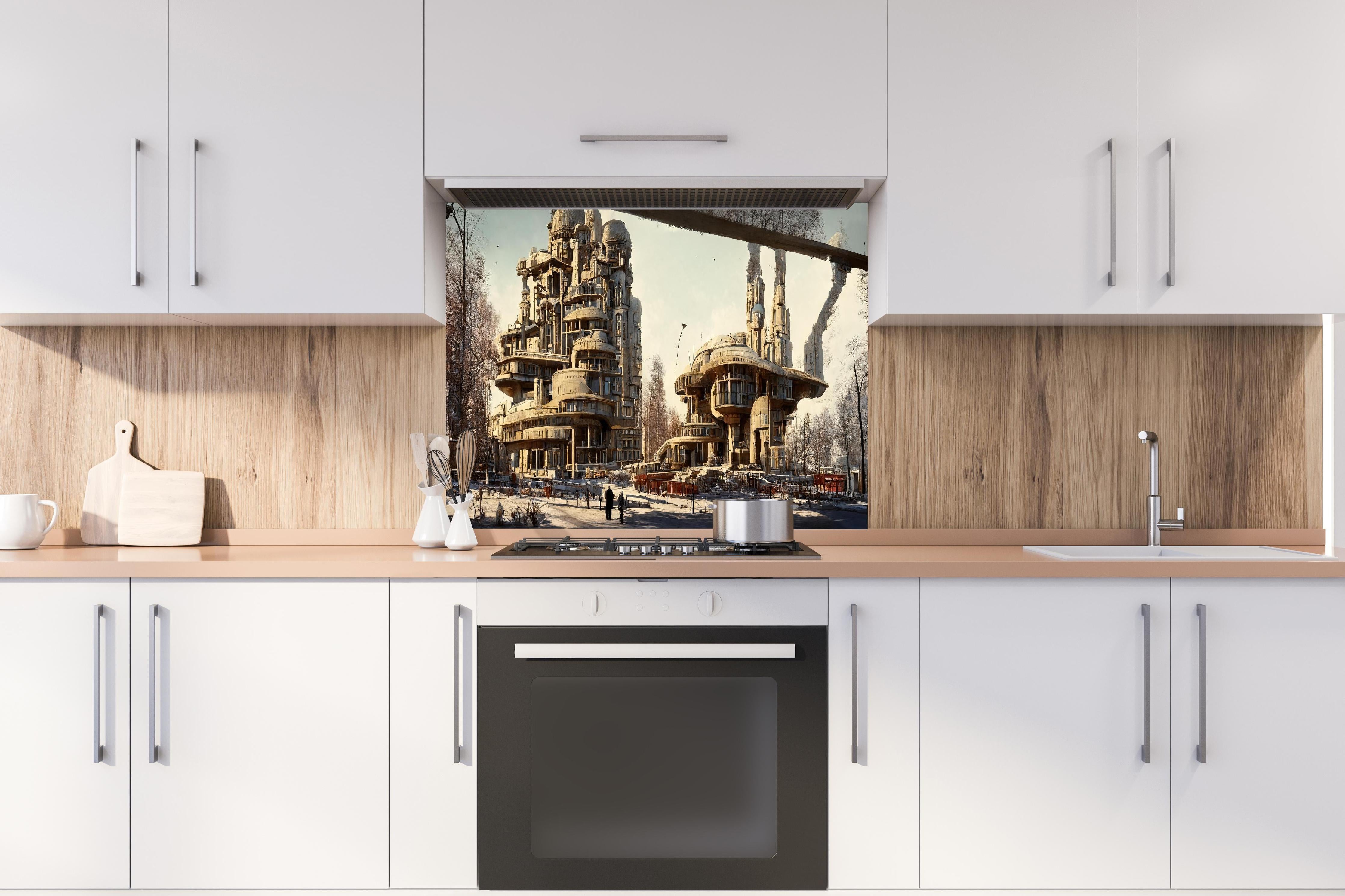 Spritzschutz - Moderne Stadt in der Zukunft hinter einem Cerankochfeld zwischen Holz-Kochutensilien
