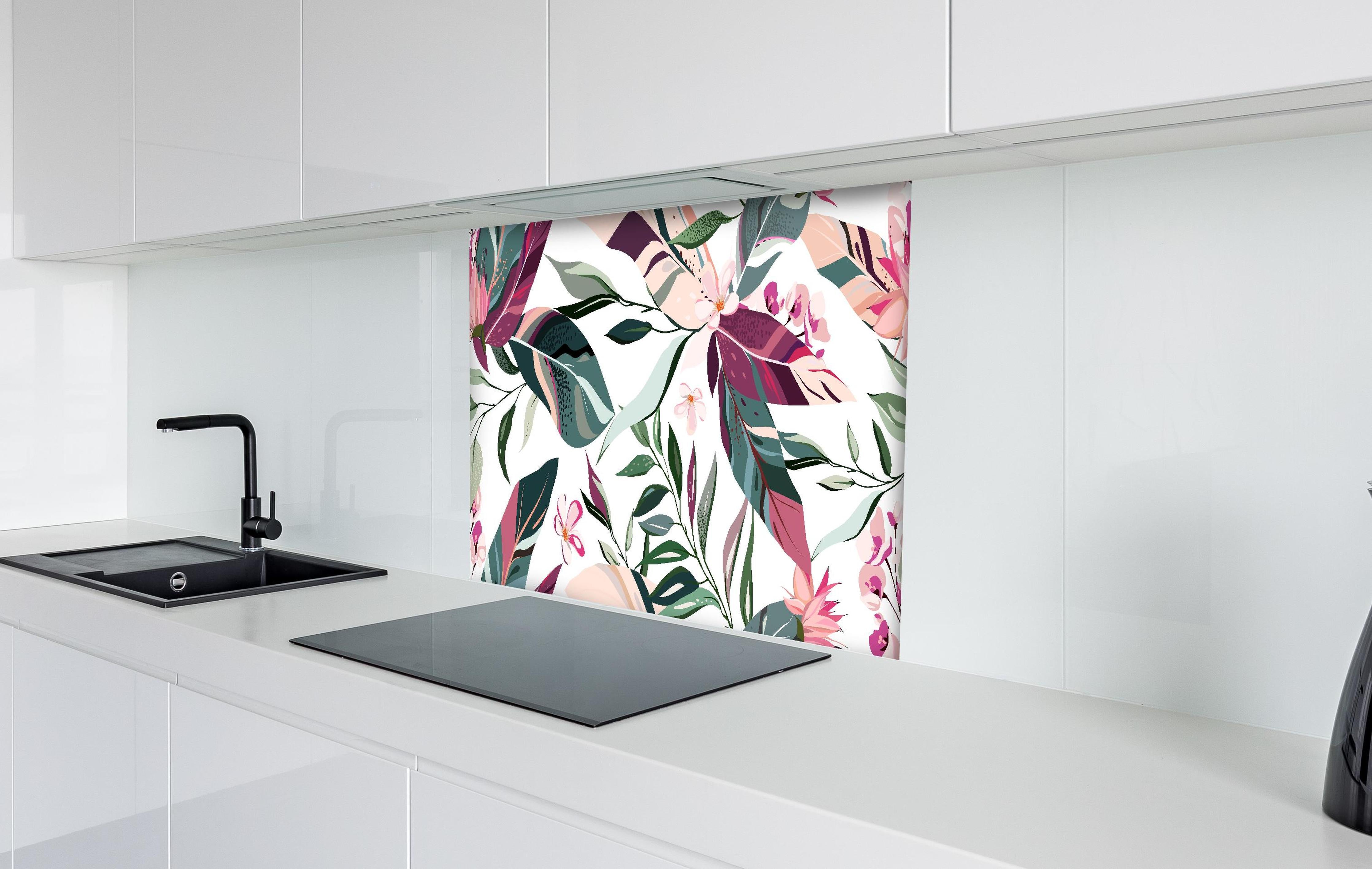 Spritzschutz - Moderne florale Textur in zarten Farben hinter einem Cerankochfeld zwischen Holz-Kochutensilien
