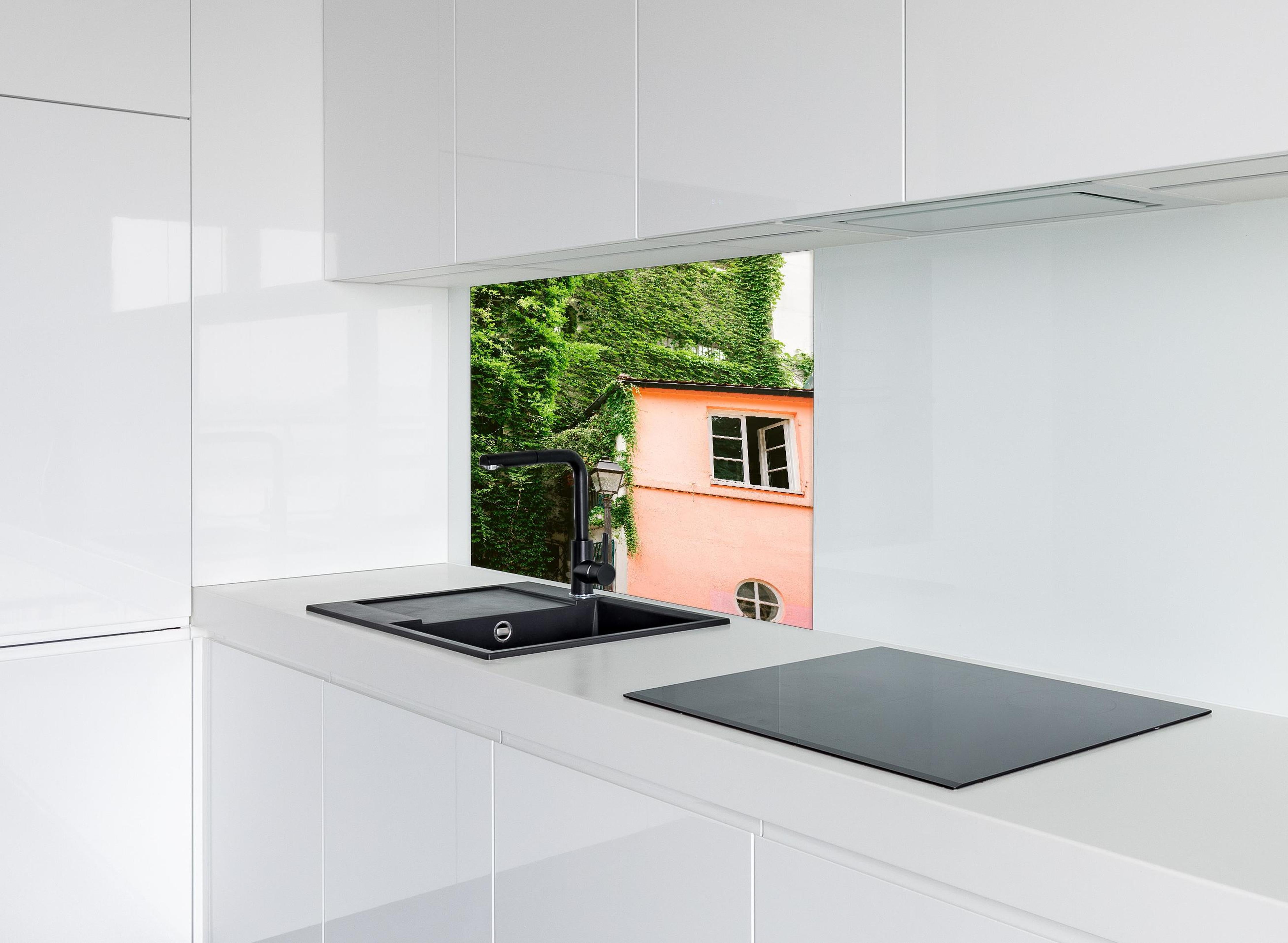 Spritzschutz - Montmartre Haus mit grüner Bepflanzung hinter einem Cerankochfeld zwischen Holz-Kochutensilien
