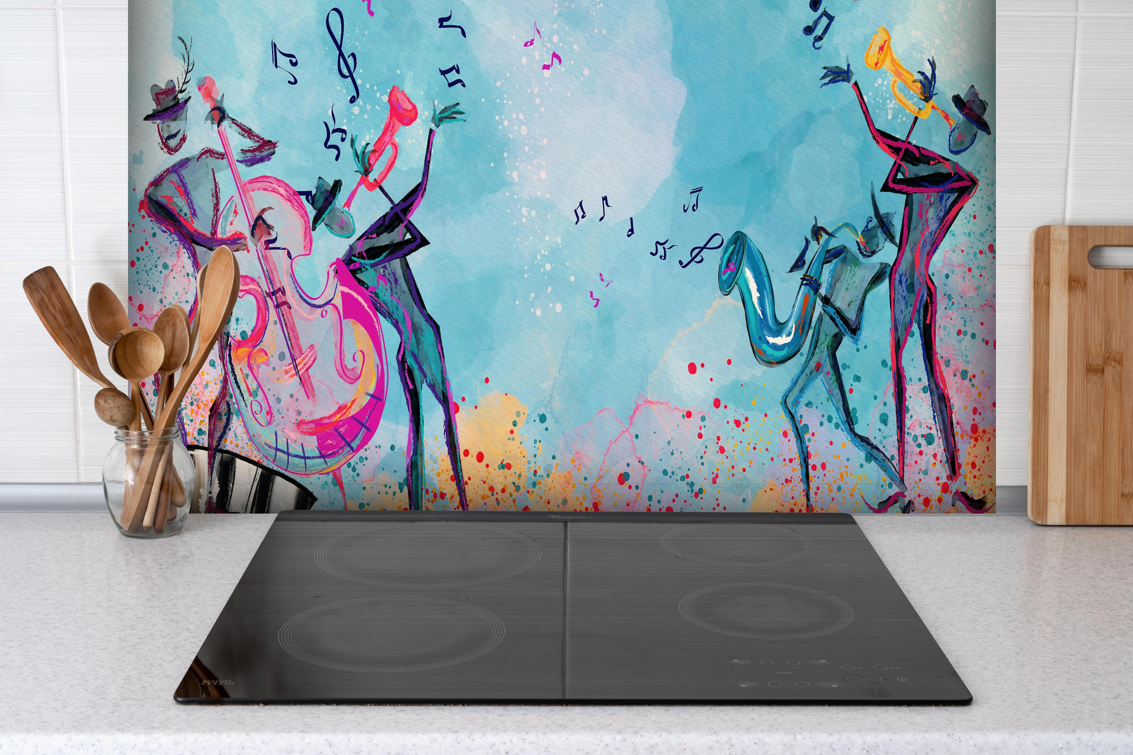 Spritzschutz - Musiker Illustriert im Aquarell-Stil hinter einem Cerankochfeld zwischen Holz-Kochutensilien
