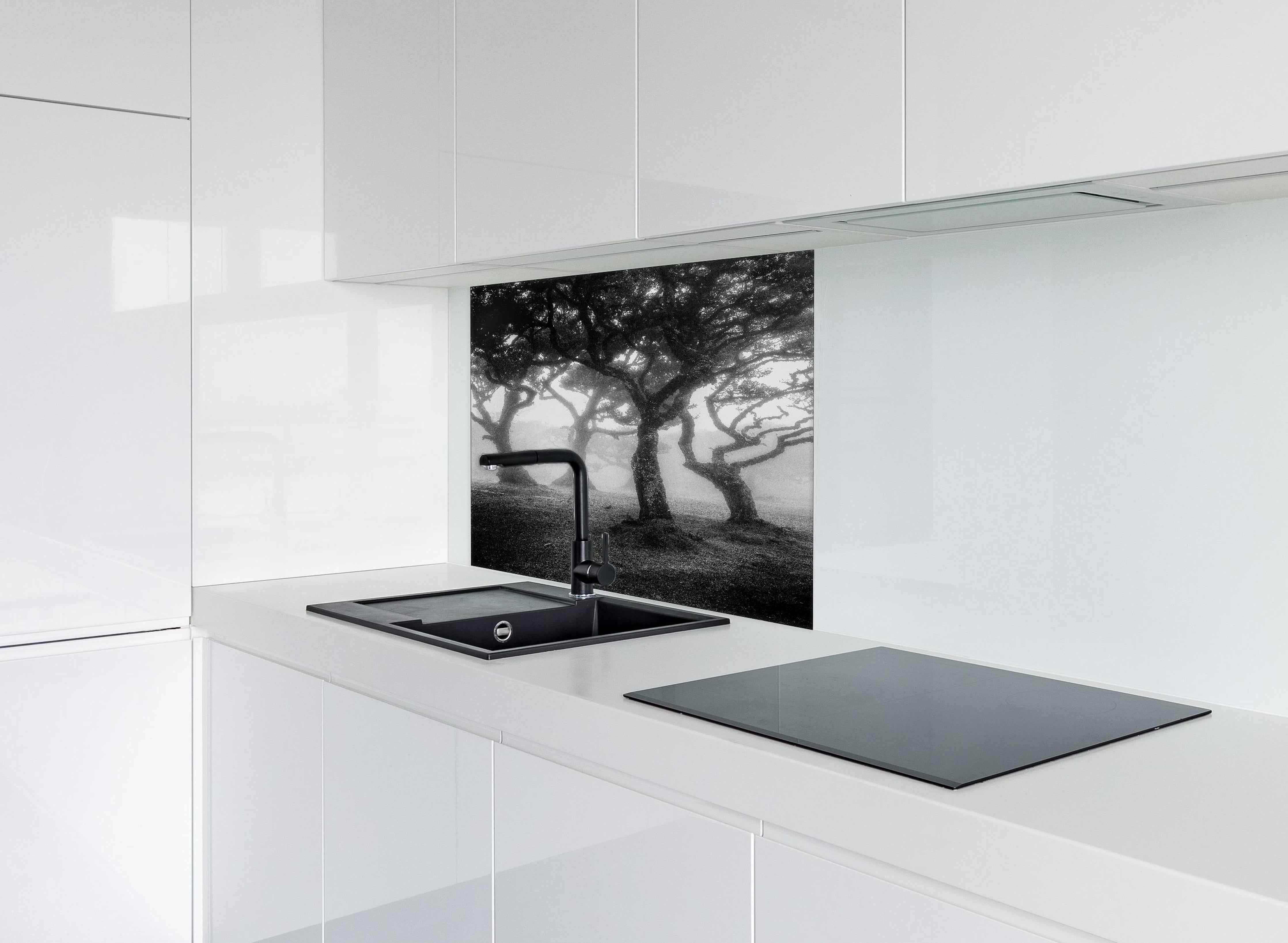 Spritzschutz - Mystischer Fanal Nebelwald Monochrom hinter einem Cerankochfeld zwischen Holz-Kochutensilien
