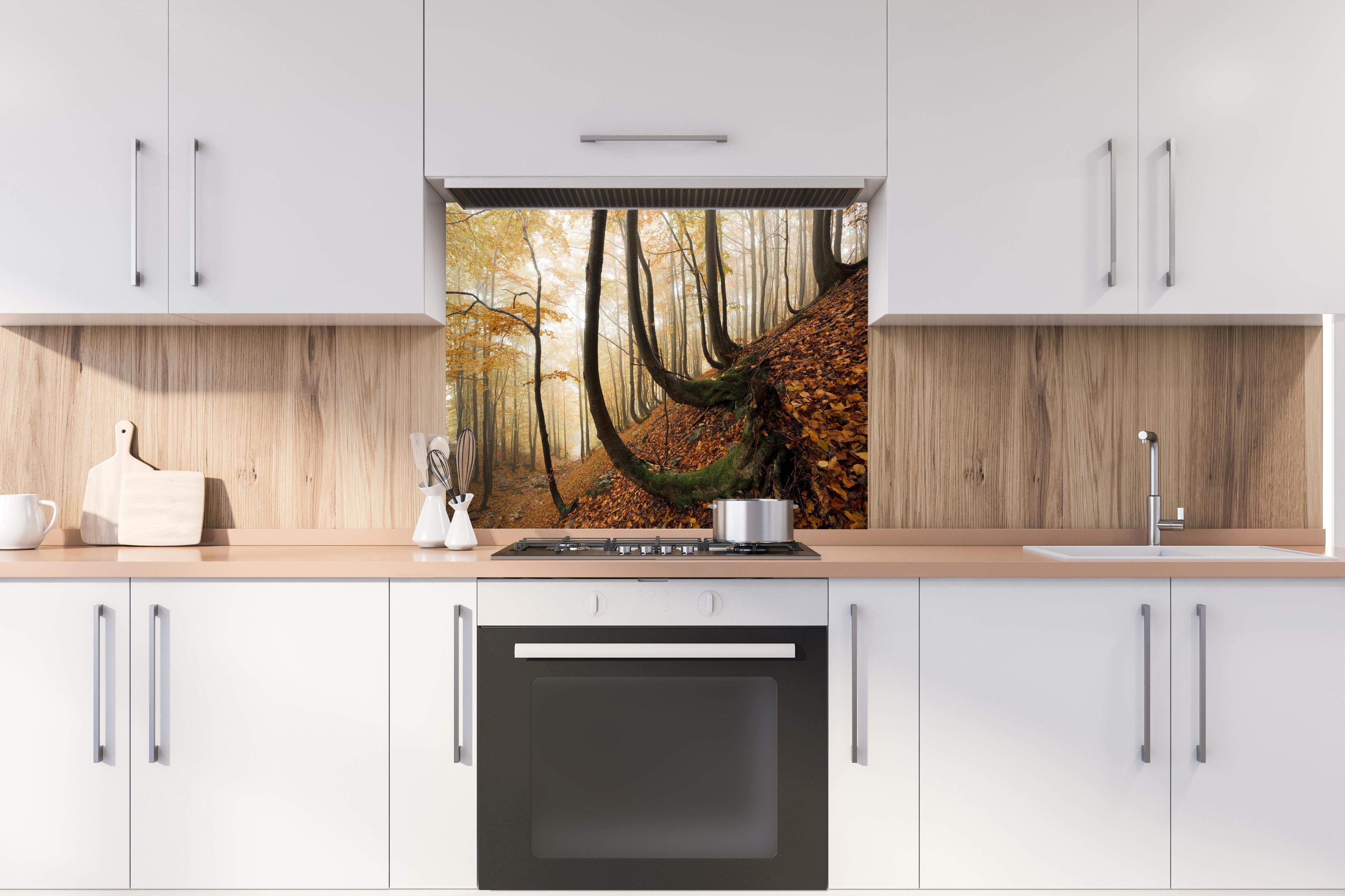 Spritzschutz - Mystischer Wald im Herbst hinter einem Cerankochfeld zwischen Holz-Kochutensilien
