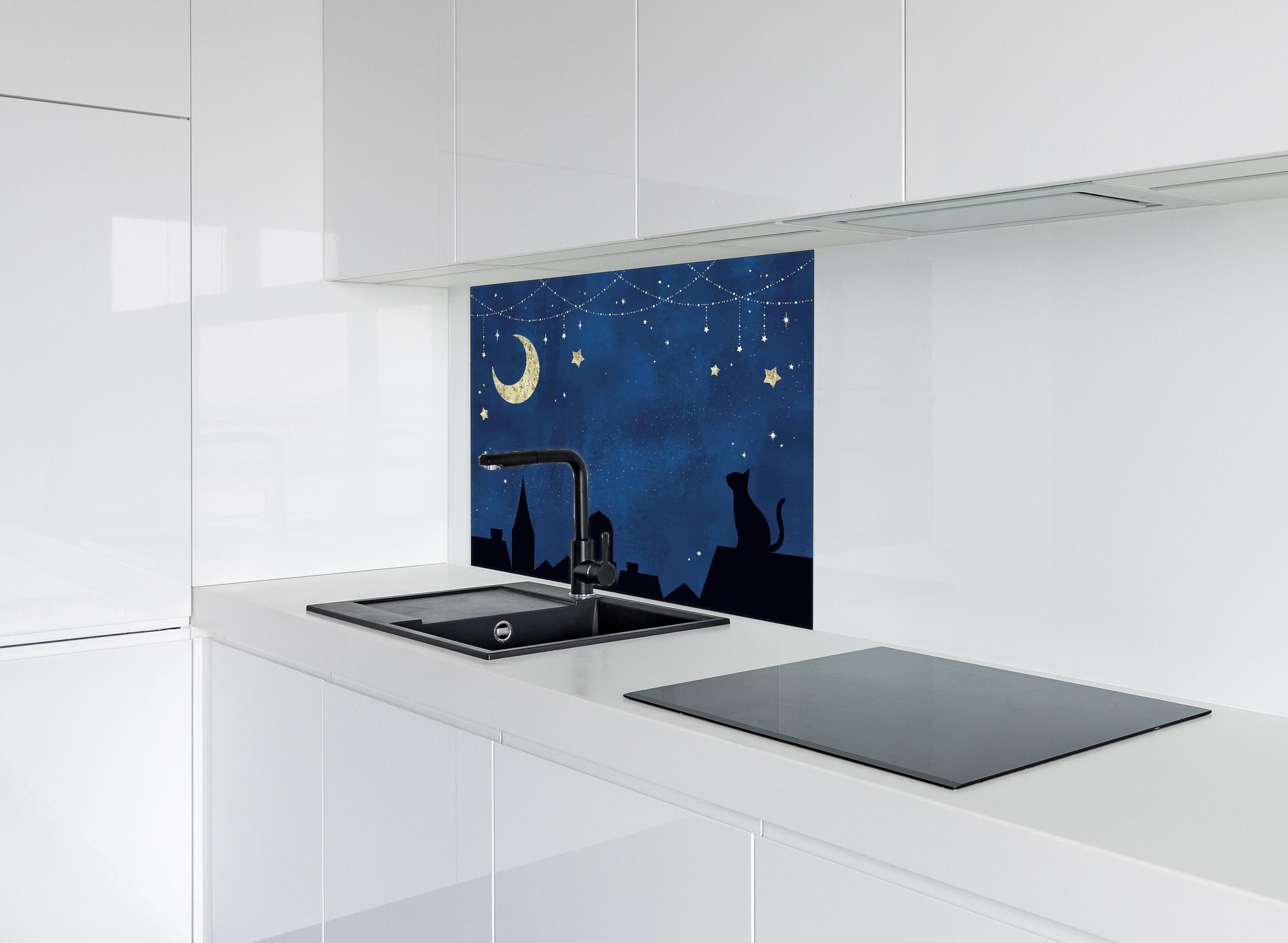 Spritzschutz - Nächtlicher Sternenhimmel mit Katze hinter einem Cerankochfeld zwischen Holz-Kochutensilien
