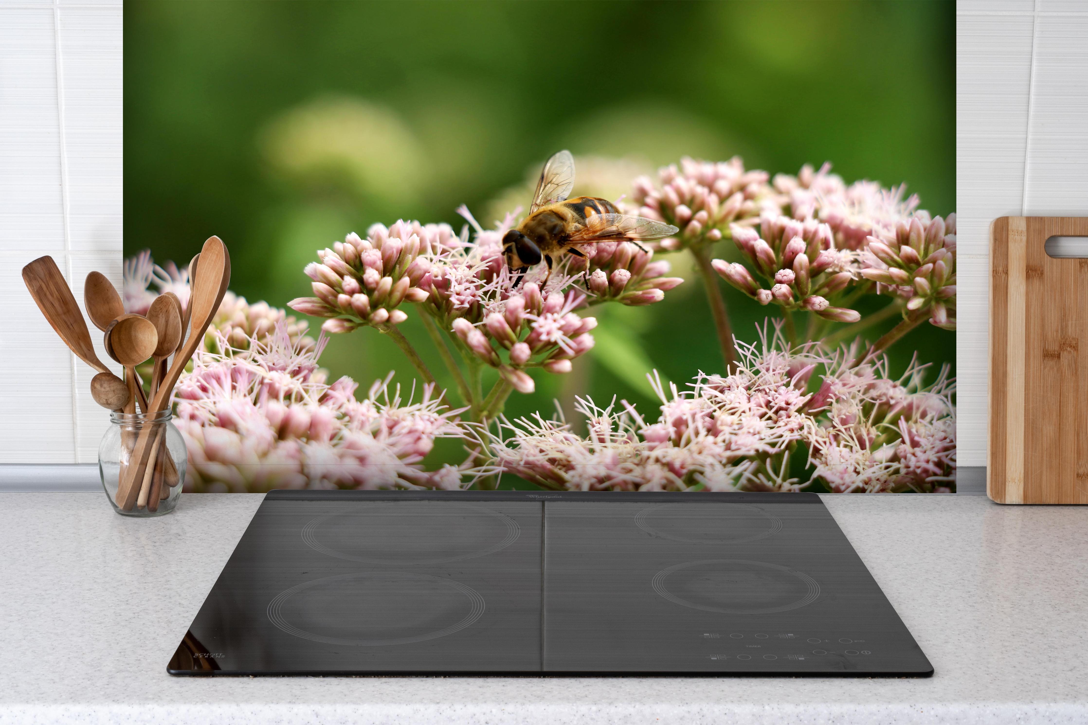 Spritzschutz - Nahaufnahme Biene Rosa Blütenpracht hinter einem Cerankochfeld zwischen Holz-Kochutensilien
