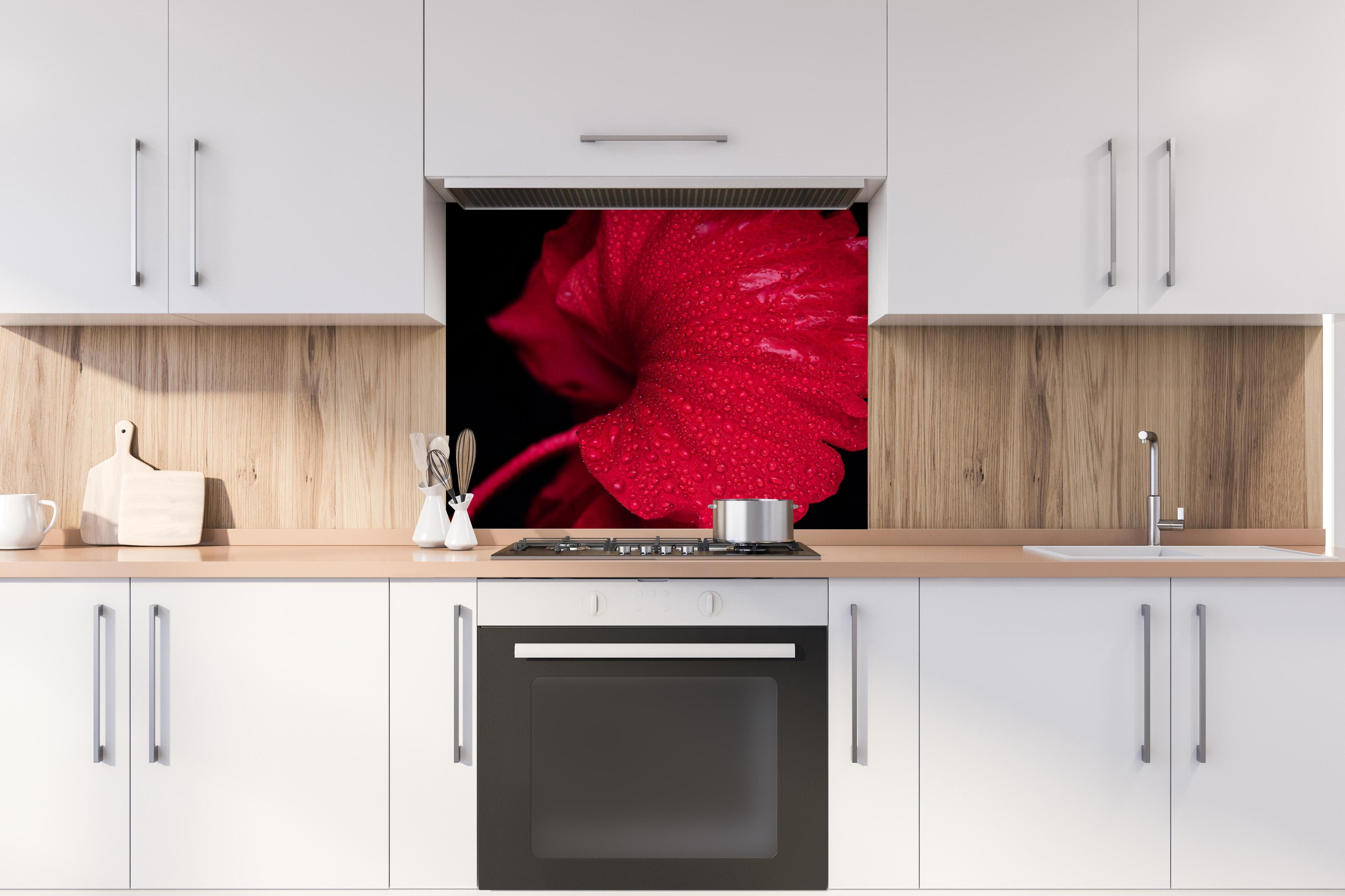 Spritzschutz - Nahaufnahme von rötlicher Frühlingsblume mit Regentropfen hinter einem Cerankochfeld zwischen Holz-Kochutensilien
