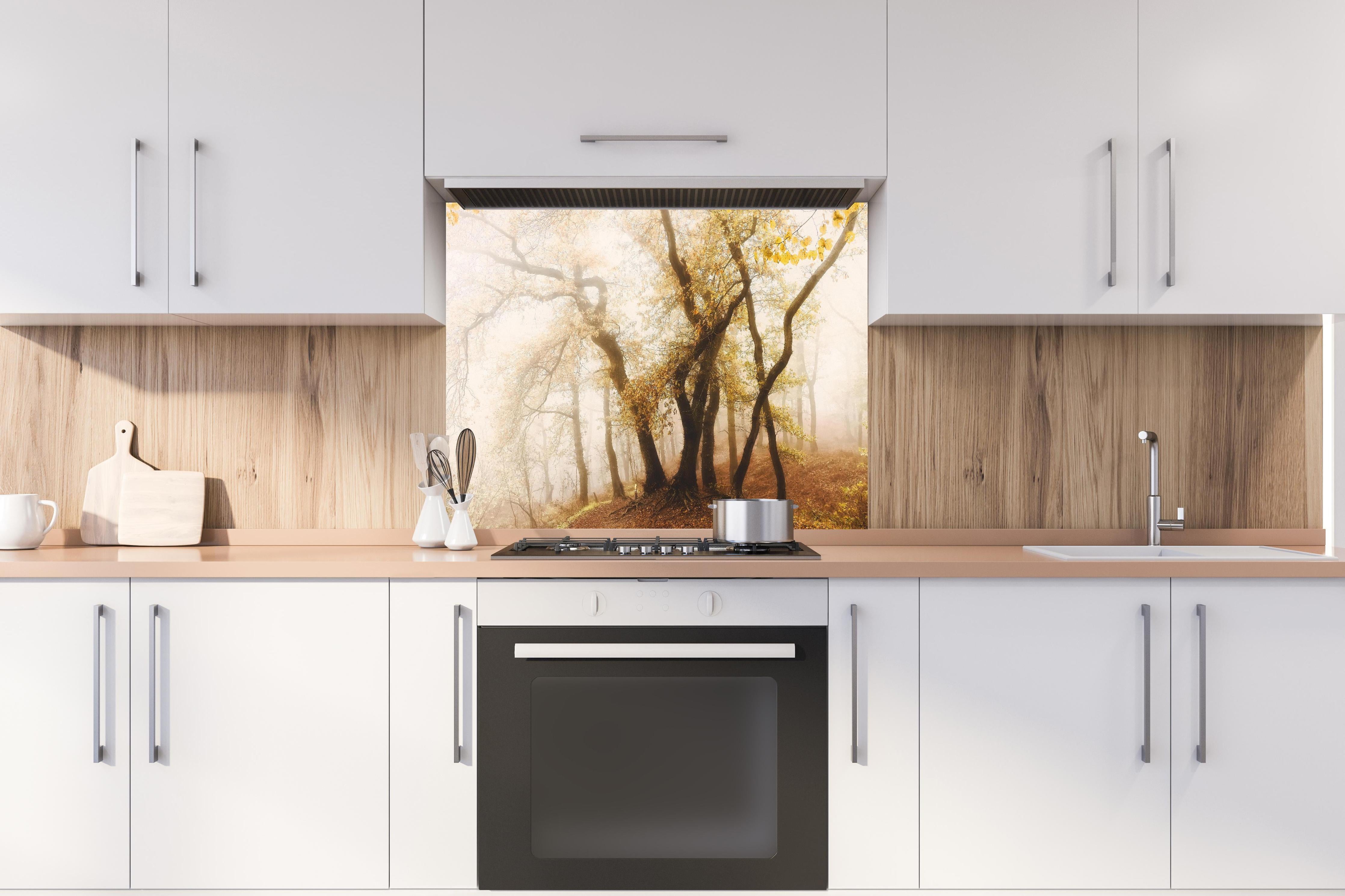 Spritzschutz - Nebeliger Wald im Herbst hinter einem Cerankochfeld zwischen Holz-Kochutensilien
