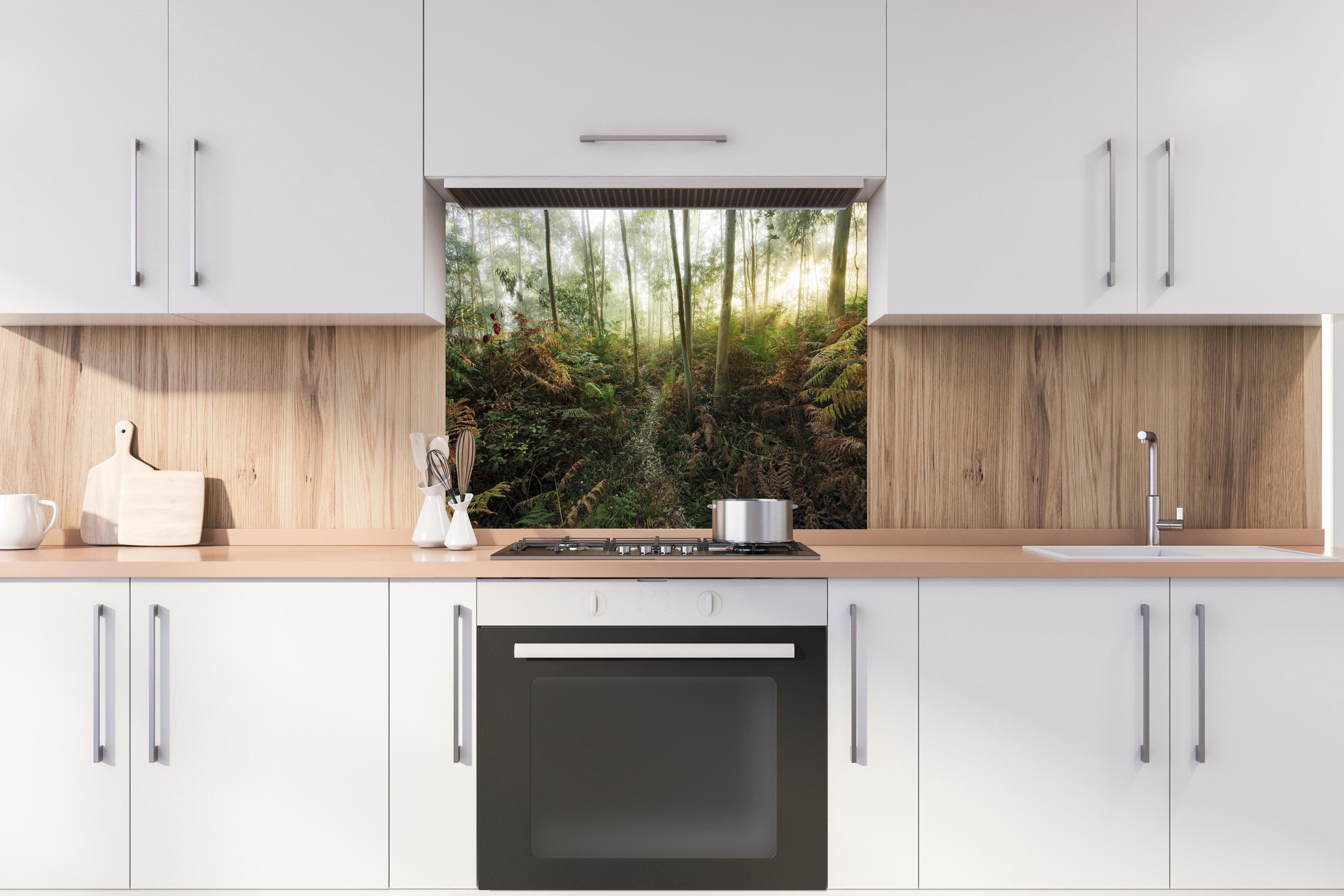 Spritzschutz - Nebliger Wald - Spanien hinter einem Cerankochfeld zwischen Holz-Kochutensilien
