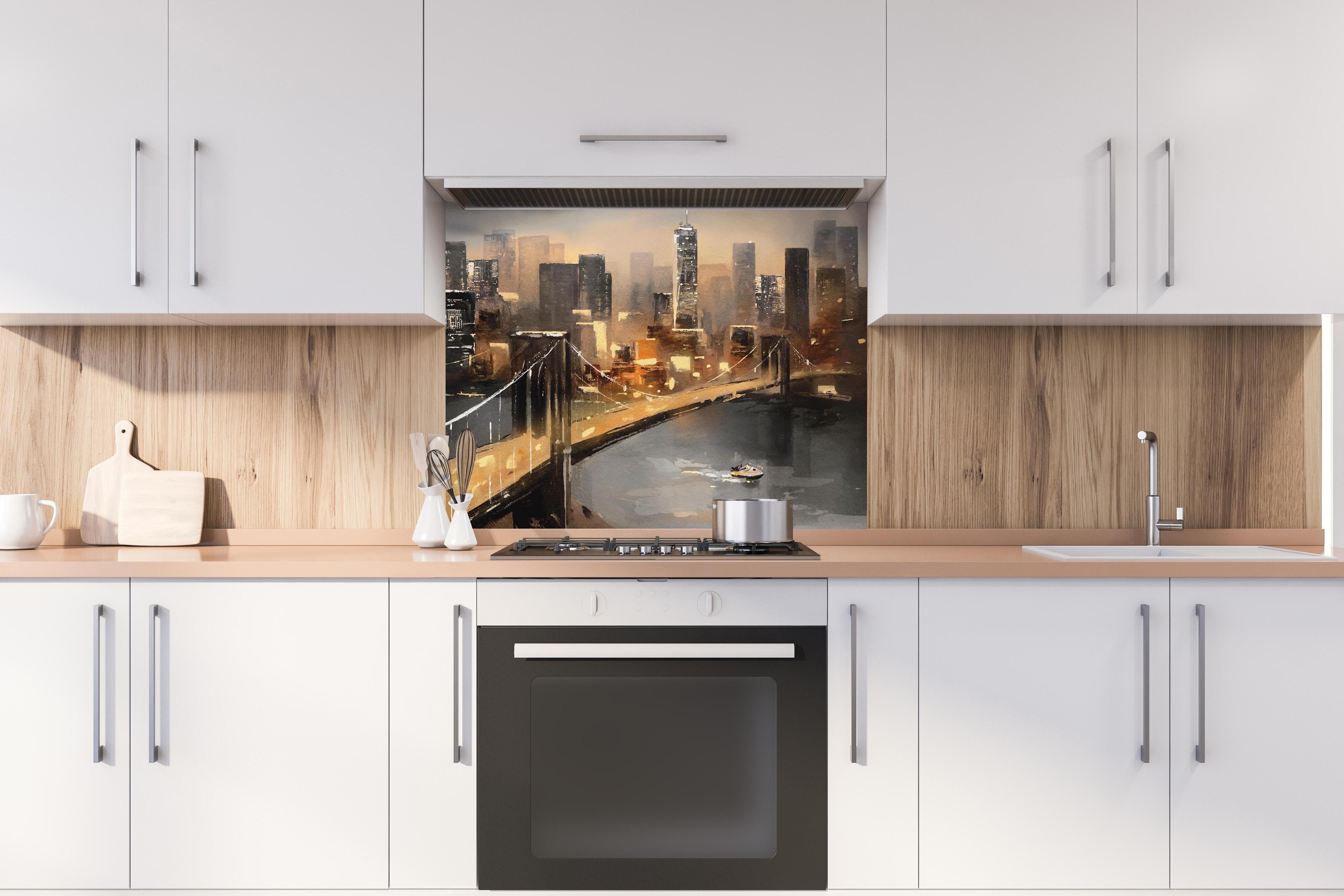 Spritzschutz - Ölgemälde auf Leinwand - Ansicht von New York hinter einem Cerankochfeld zwischen Holz-Kochutensilien
