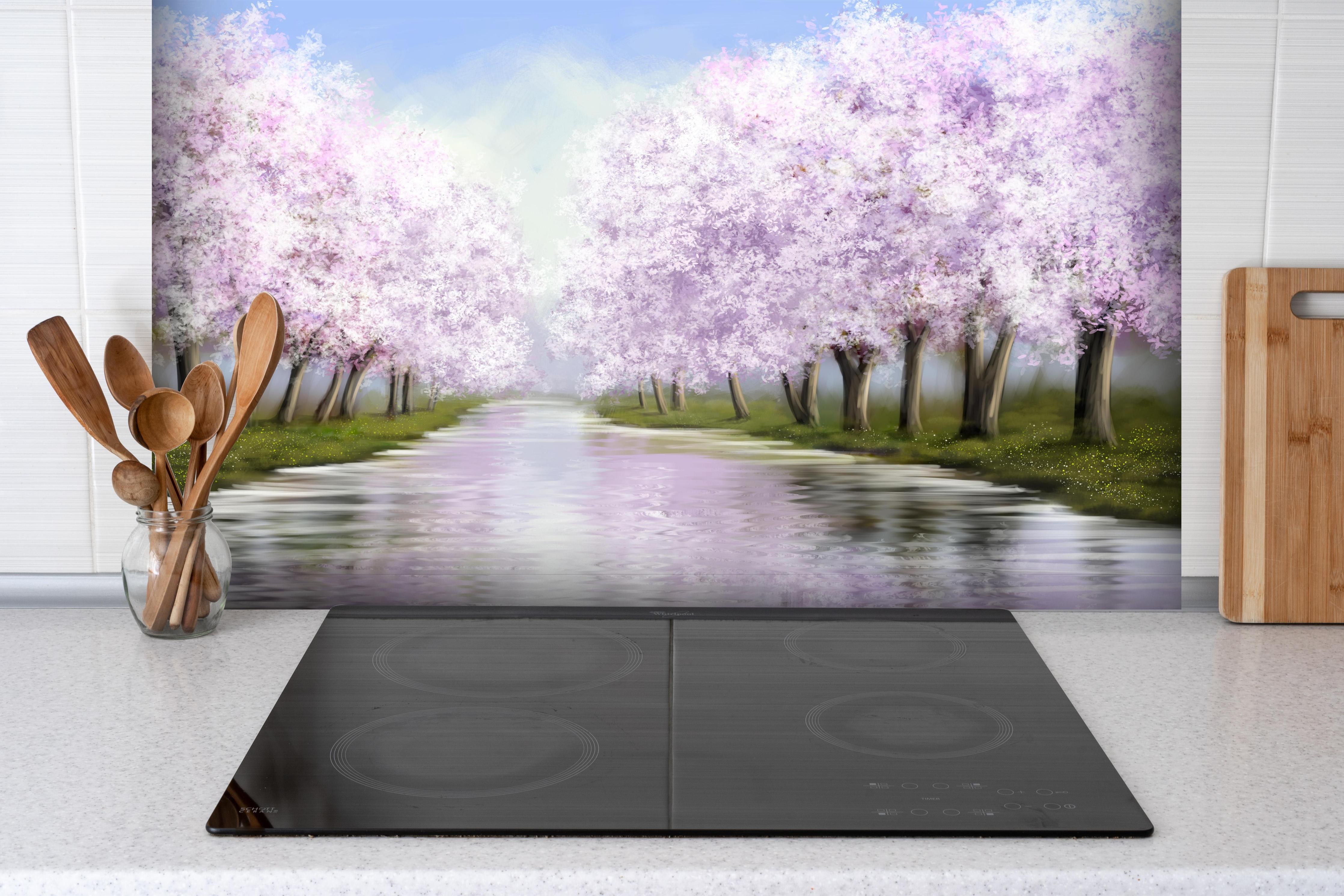 Spritzschutz - Ölgemälde einer wunderschönen Landschaft hinter einem Cerankochfeld zwischen Holz-Kochutensilien
