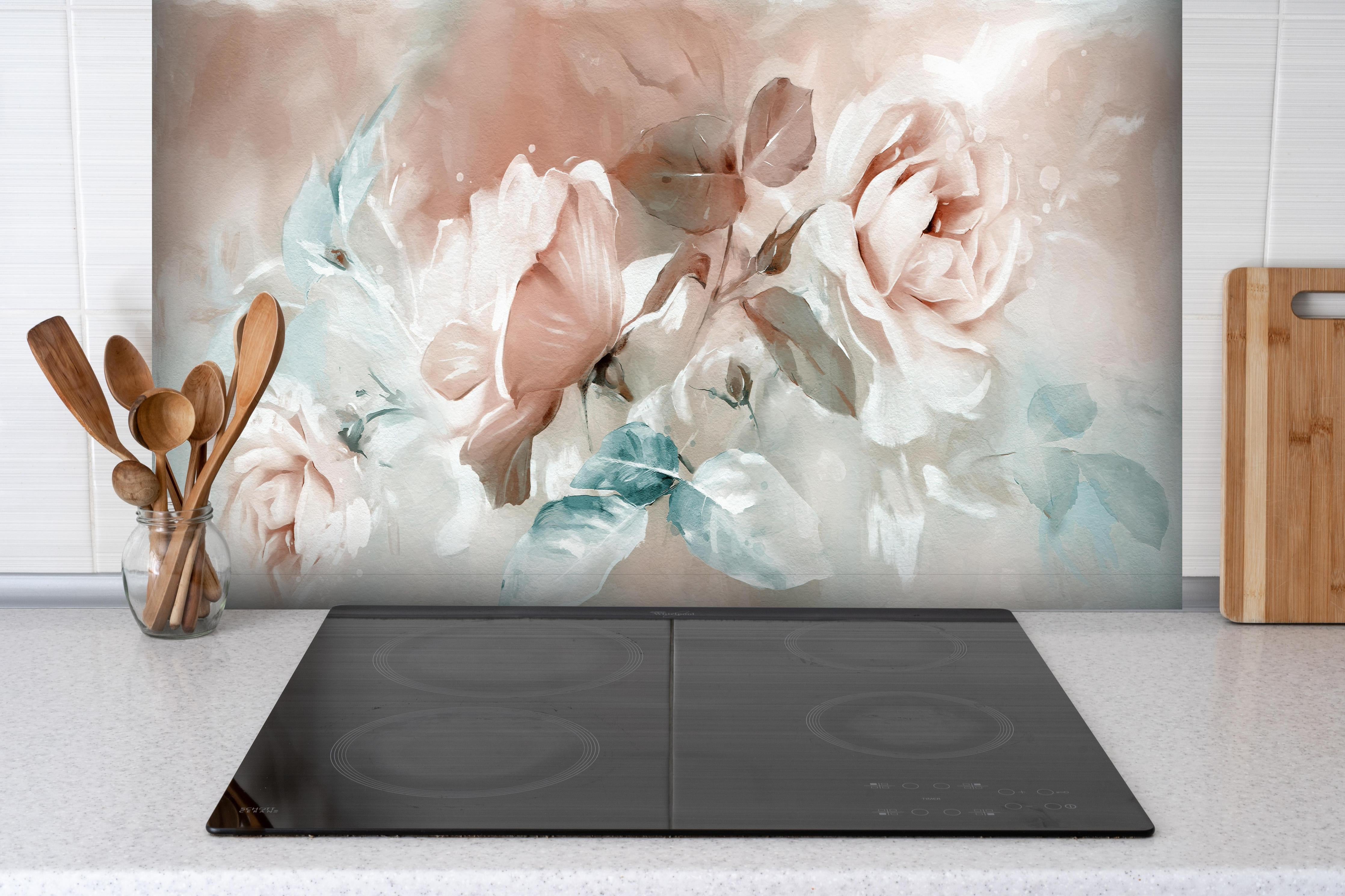 Spritzschutz - Ölgemälde mit Rose hinter einem Cerankochfeld zwischen Holz-Kochutensilien
