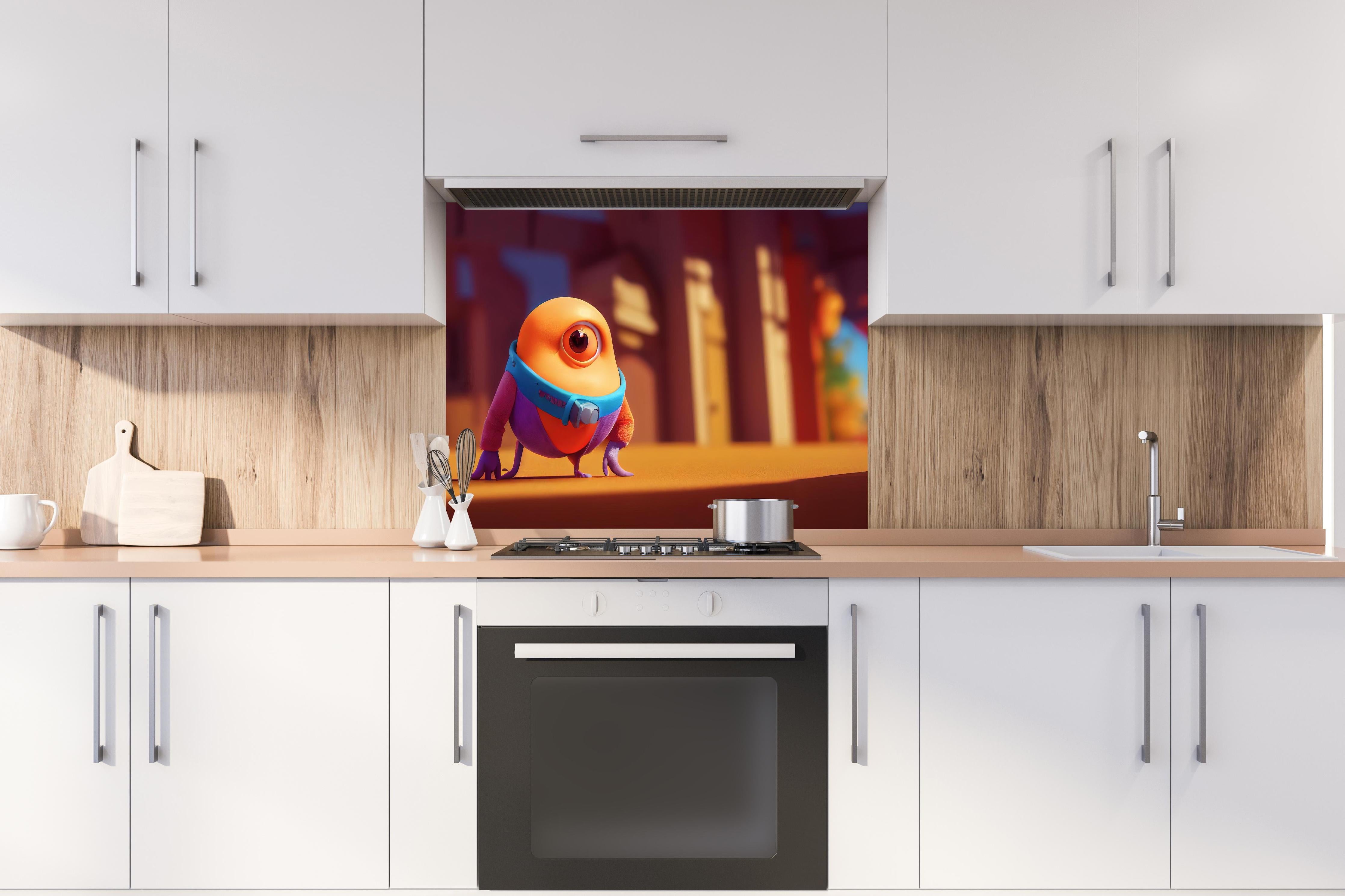 Spritzschutz - Orangenes Cartoon Männchen  hinter einem Cerankochfeld zwischen Holz-Kochutensilien
