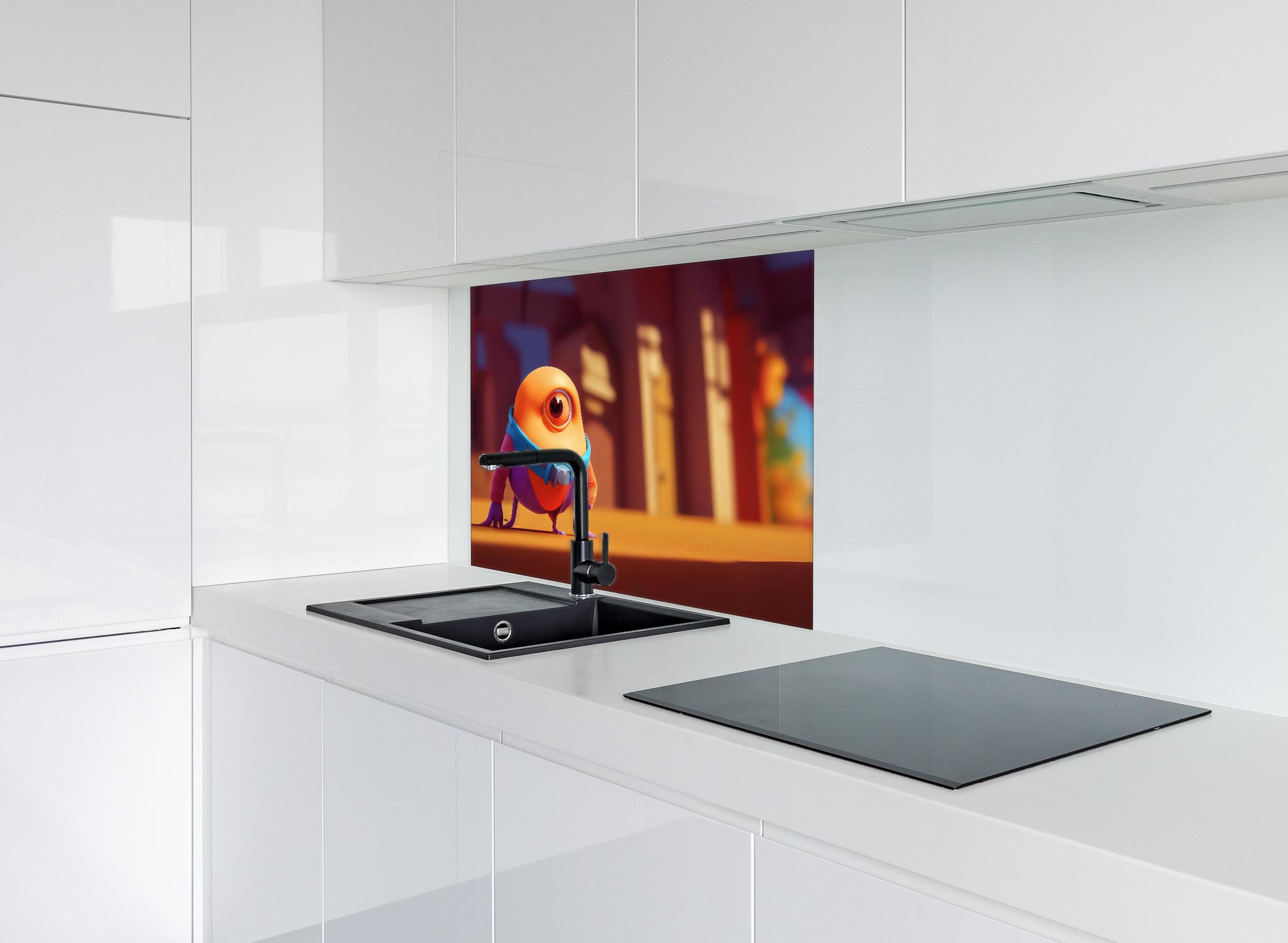 Spritzschutz - Orangenes Cartoon Männchen  hinter einem Cerankochfeld zwischen Holz-Kochutensilien
