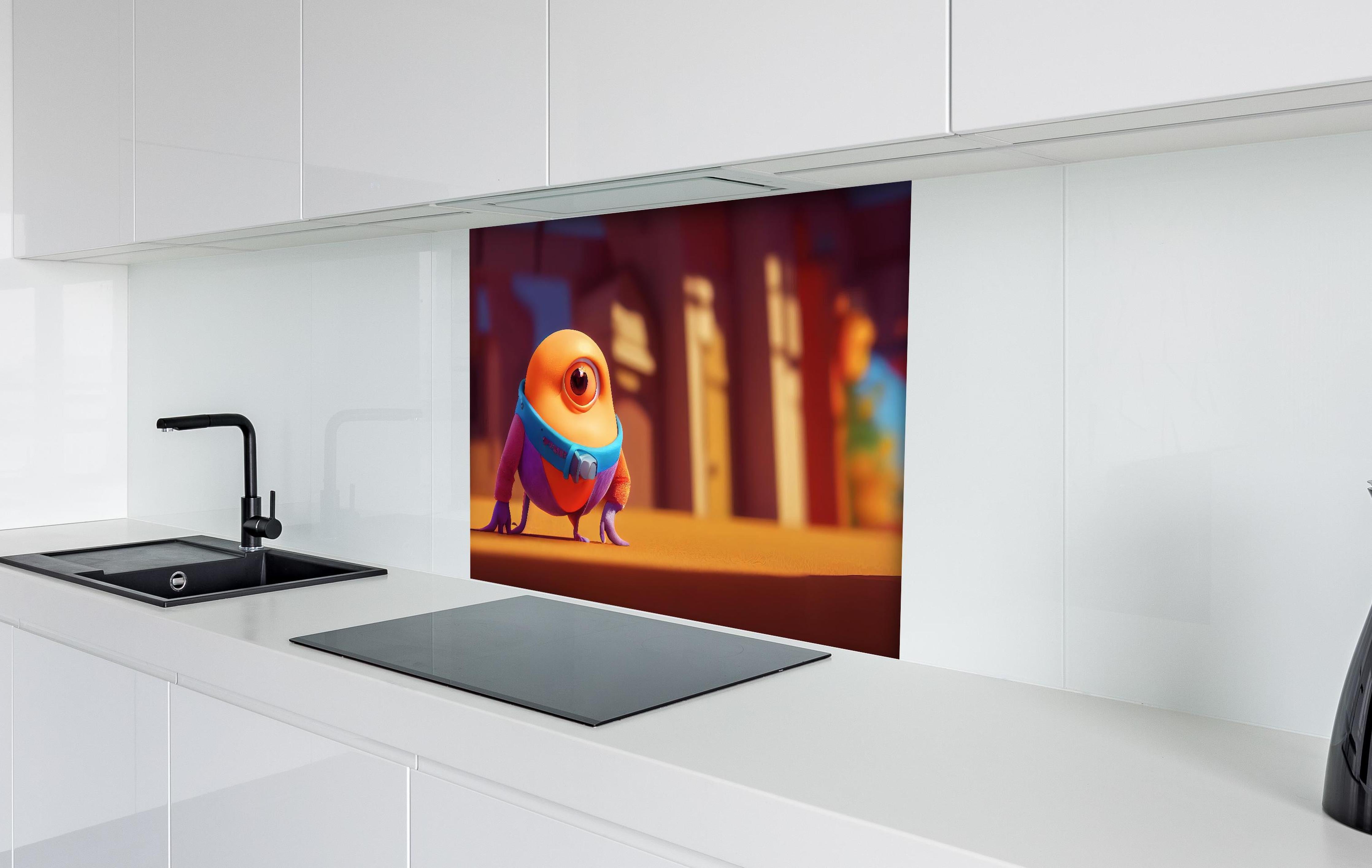 Spritzschutz - Orangenes Cartoon Männchen  hinter einem Cerankochfeld zwischen Holz-Kochutensilien
