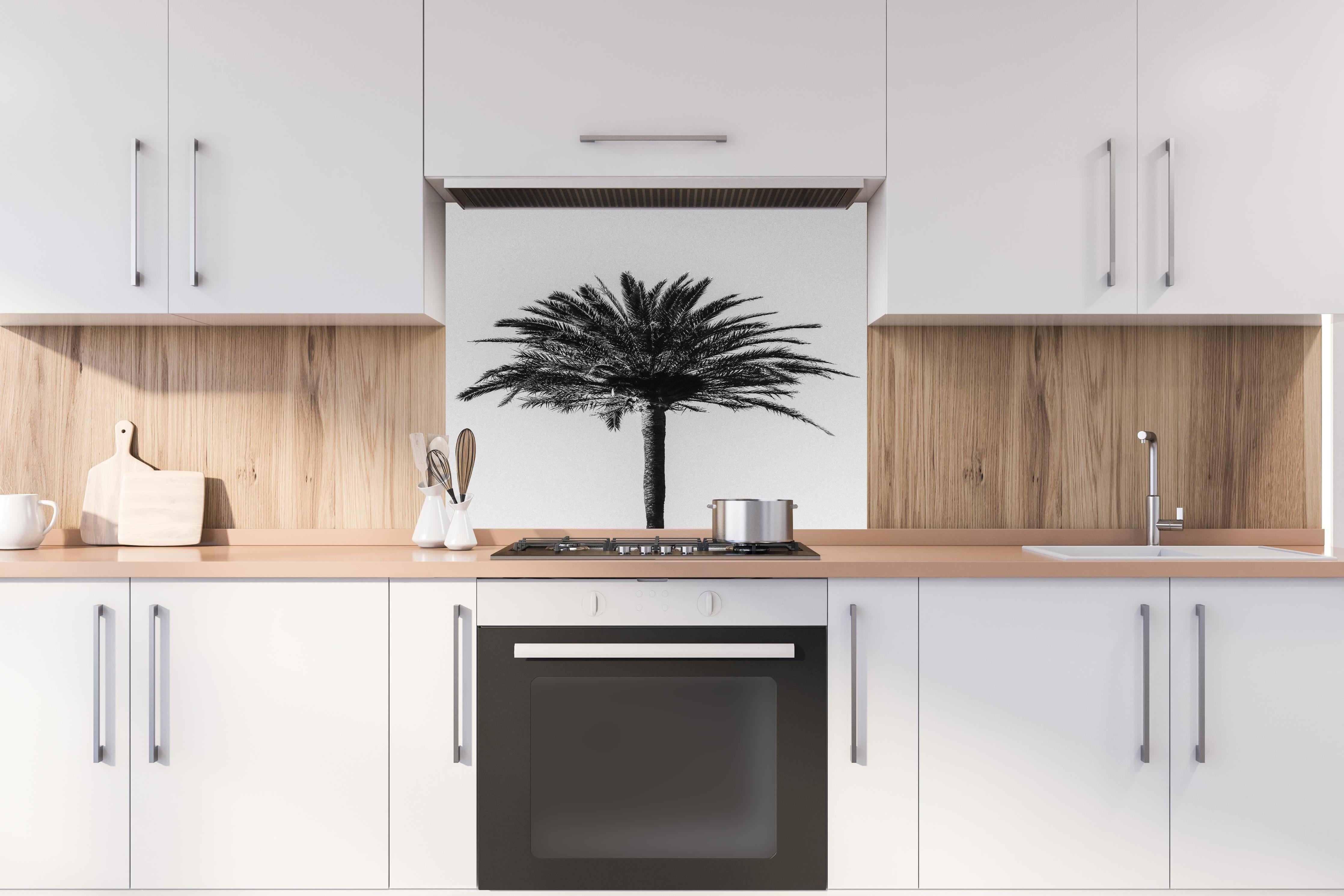 Spritzschutz - Palme - Schwarz-weiß hinter einem Cerankochfeld zwischen Holz-Kochutensilien
