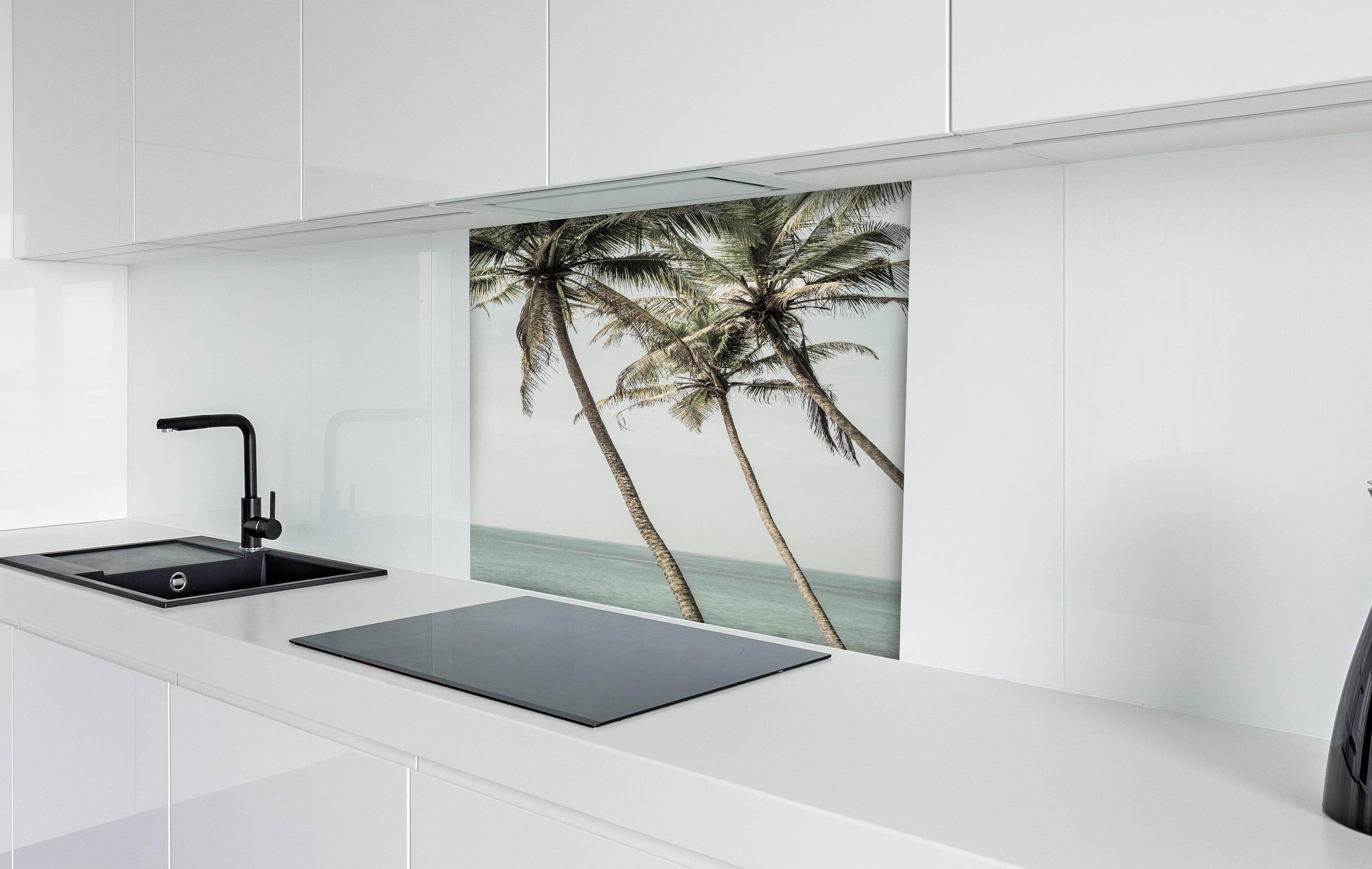 Spritzschutz - Palmen am Meer hinter einem Cerankochfeld zwischen Holz-Kochutensilien
