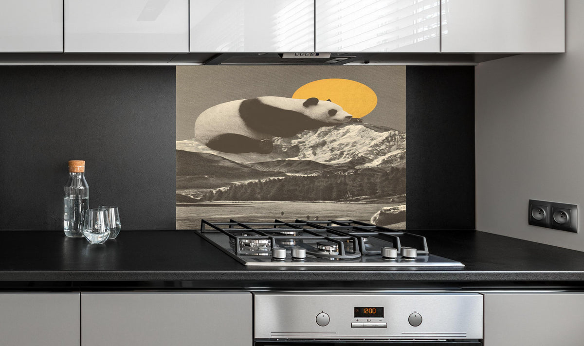 Spritzschutz - Panda Rast in monochromer Bergwelt hinter einem Cerankochfeld zwischen Holz-Kochutensilien
