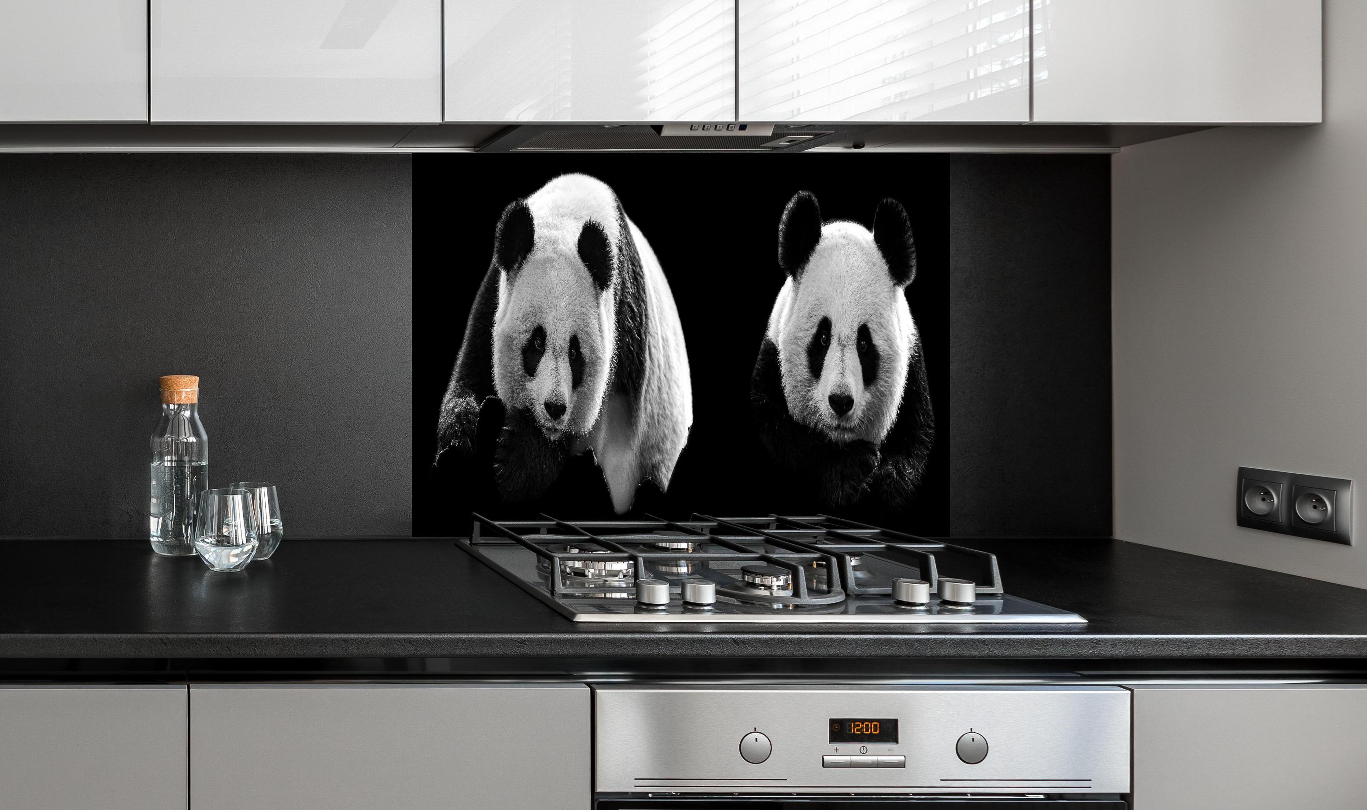 Spritzschutz - Panda mit schwarzem Hintergrund hinter einem Cerankochfeld zwischen Holz-Kochutensilien
