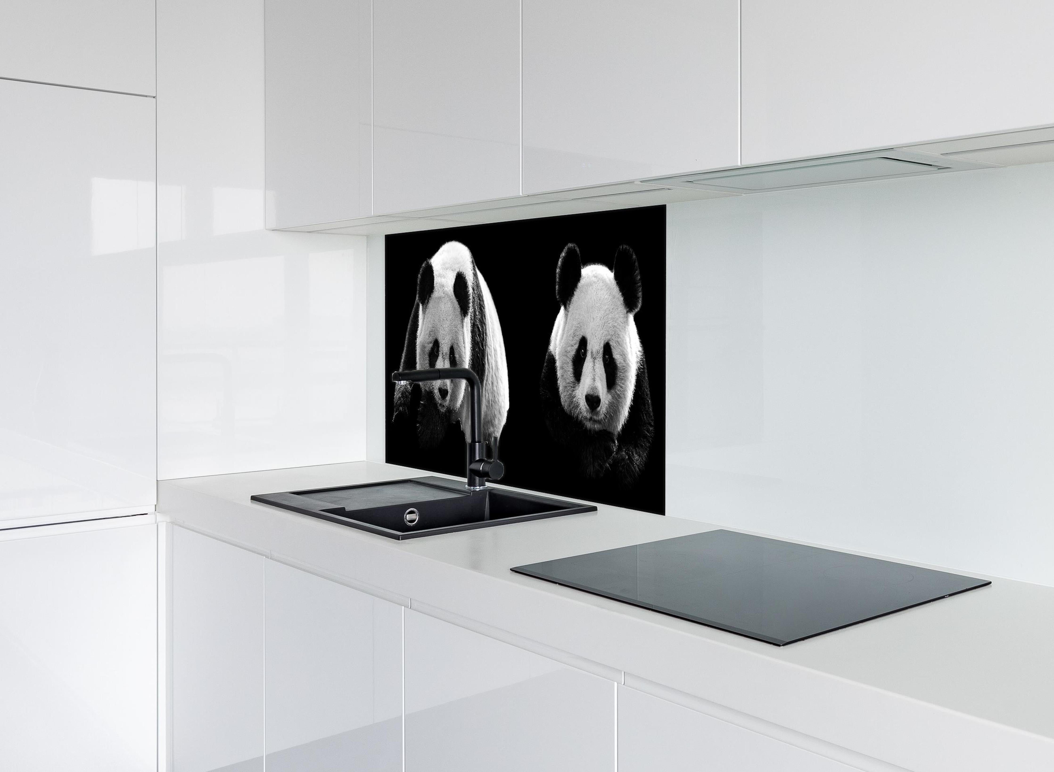 Spritzschutz - Panda mit schwarzem Hintergrund hinter einem Cerankochfeld zwischen Holz-Kochutensilien
