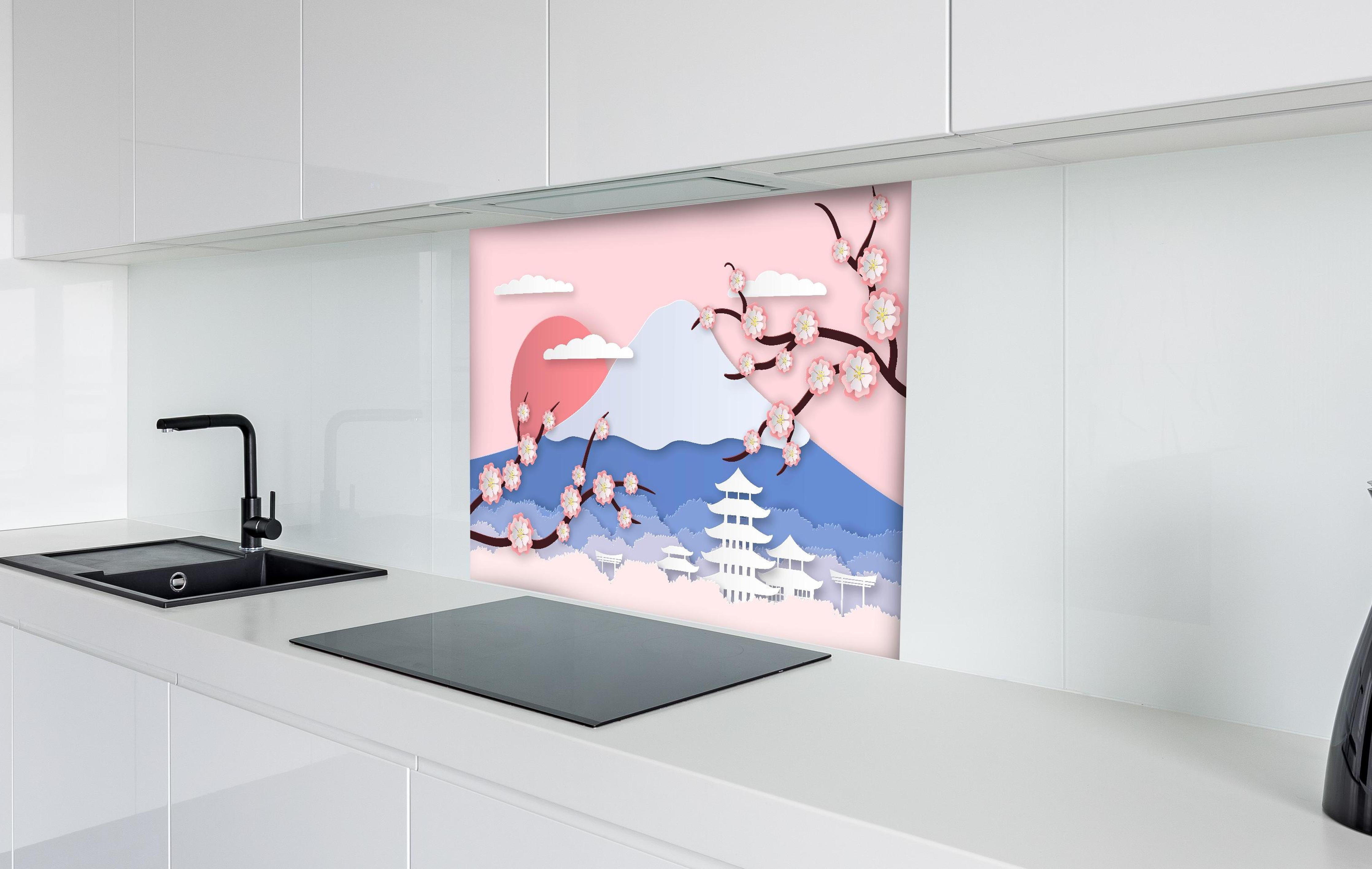 Spritzschutz - Papierkunst Japan Berge Sakura Sonnenuntergang hinter einem Cerankochfeld zwischen Holz-Kochutensilien
