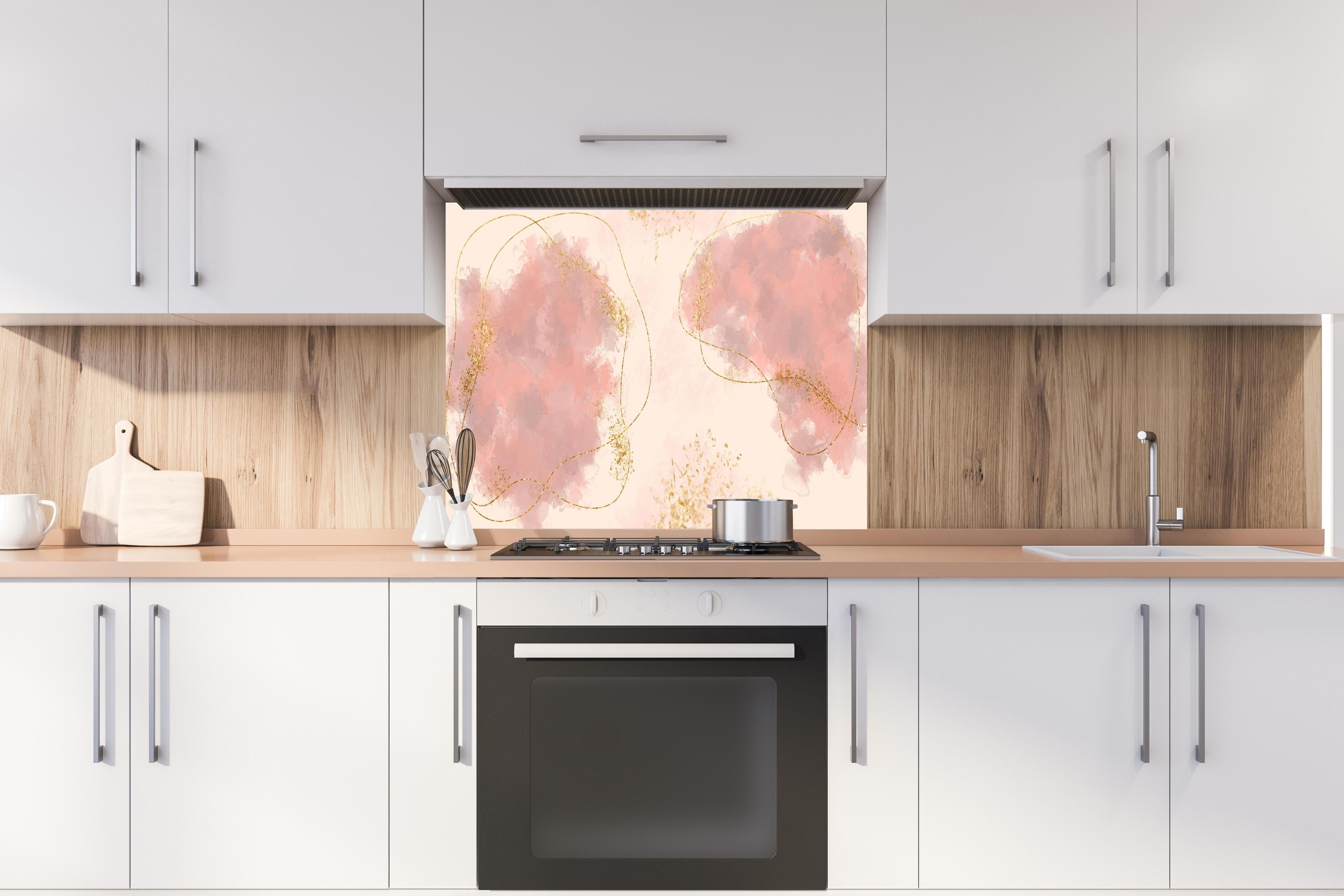 Spritzschutz - Pastell Farben Zeichnung - Rosa hinter einem Cerankochfeld zwischen Holz-Kochutensilien
