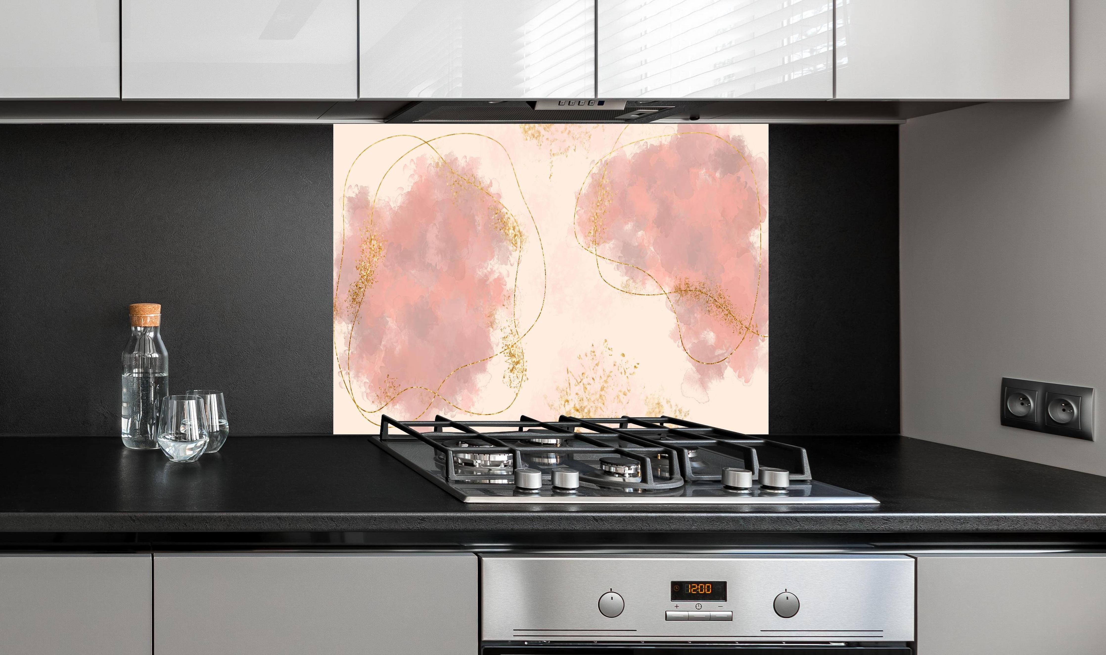 Spritzschutz - Pastell Farben Zeichnung - Rosa hinter einem Cerankochfeld zwischen Holz-Kochutensilien
