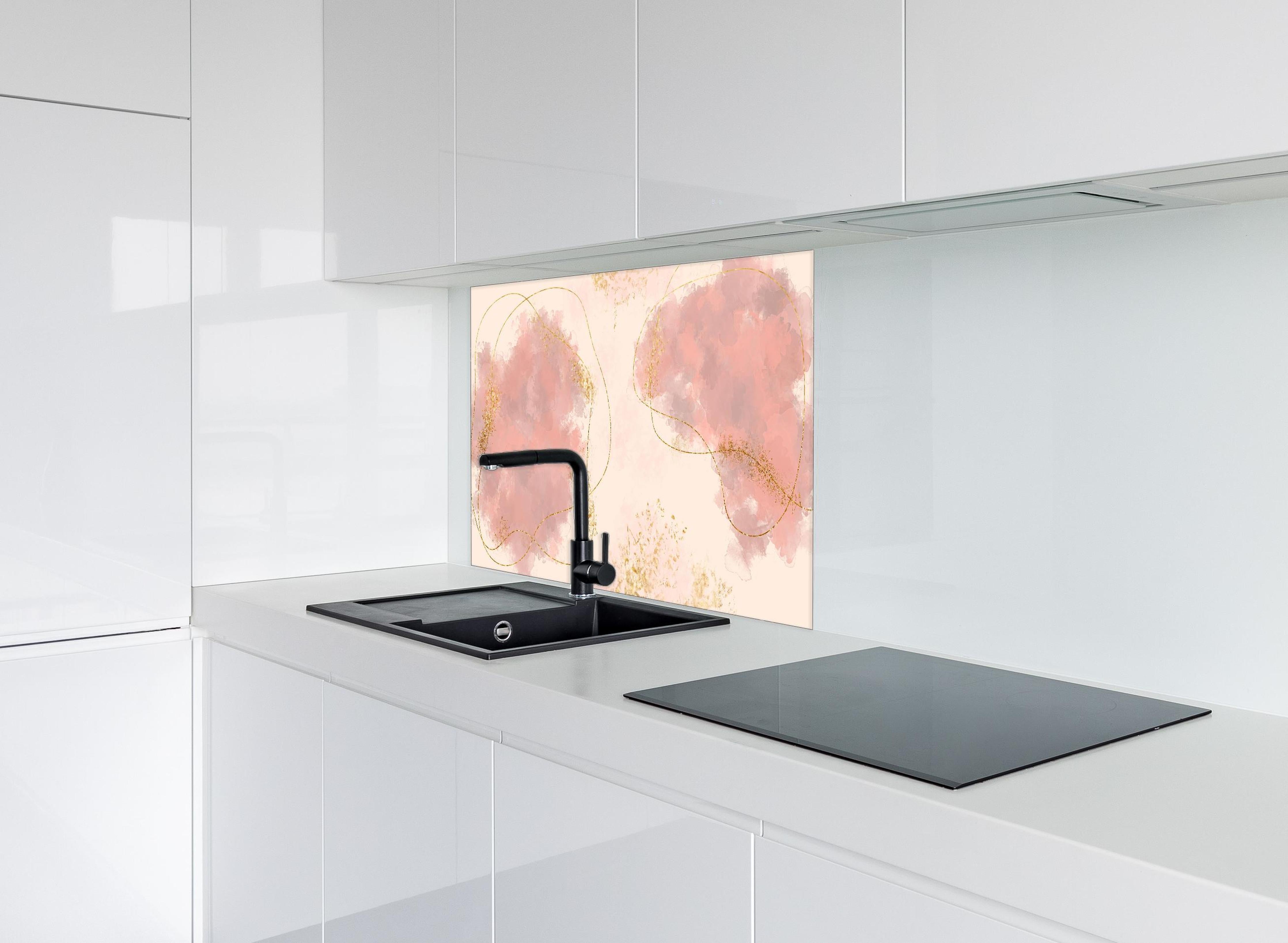 Spritzschutz - Pastell Farben Zeichnung - Rosa hinter einem Cerankochfeld zwischen Holz-Kochutensilien
