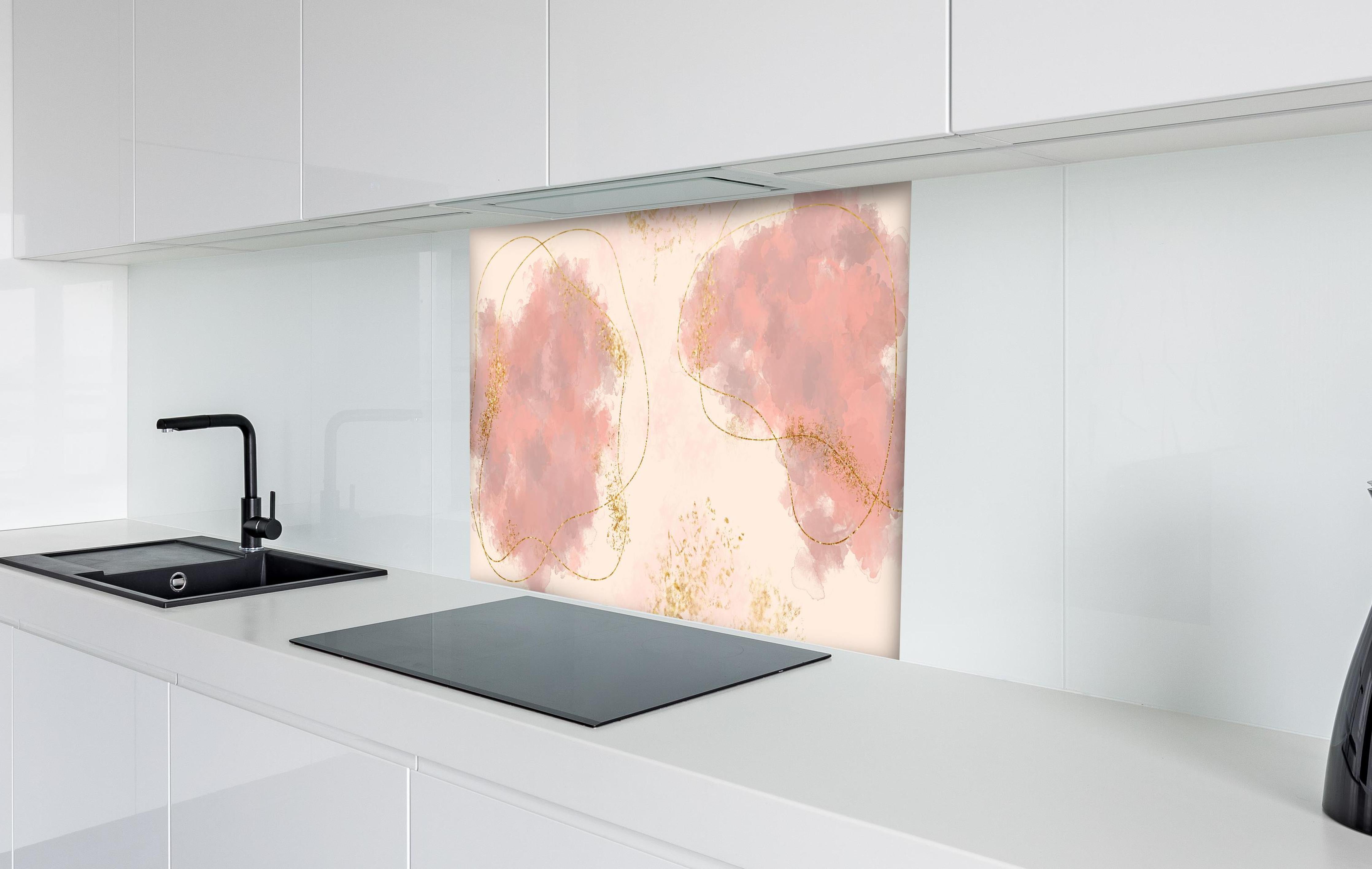 Spritzschutz - Pastell Farben Zeichnung - Rosa hinter einem Cerankochfeld zwischen Holz-Kochutensilien
