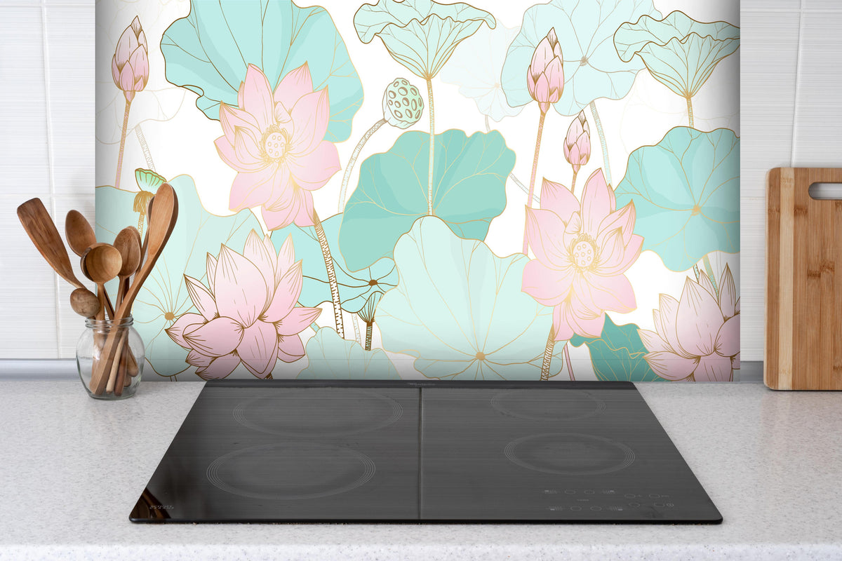 Spritzschutz - Pastellfarbene Lotusblumen Illustration hinter einem Cerankochfeld zwischen Holz-Kochutensilien
