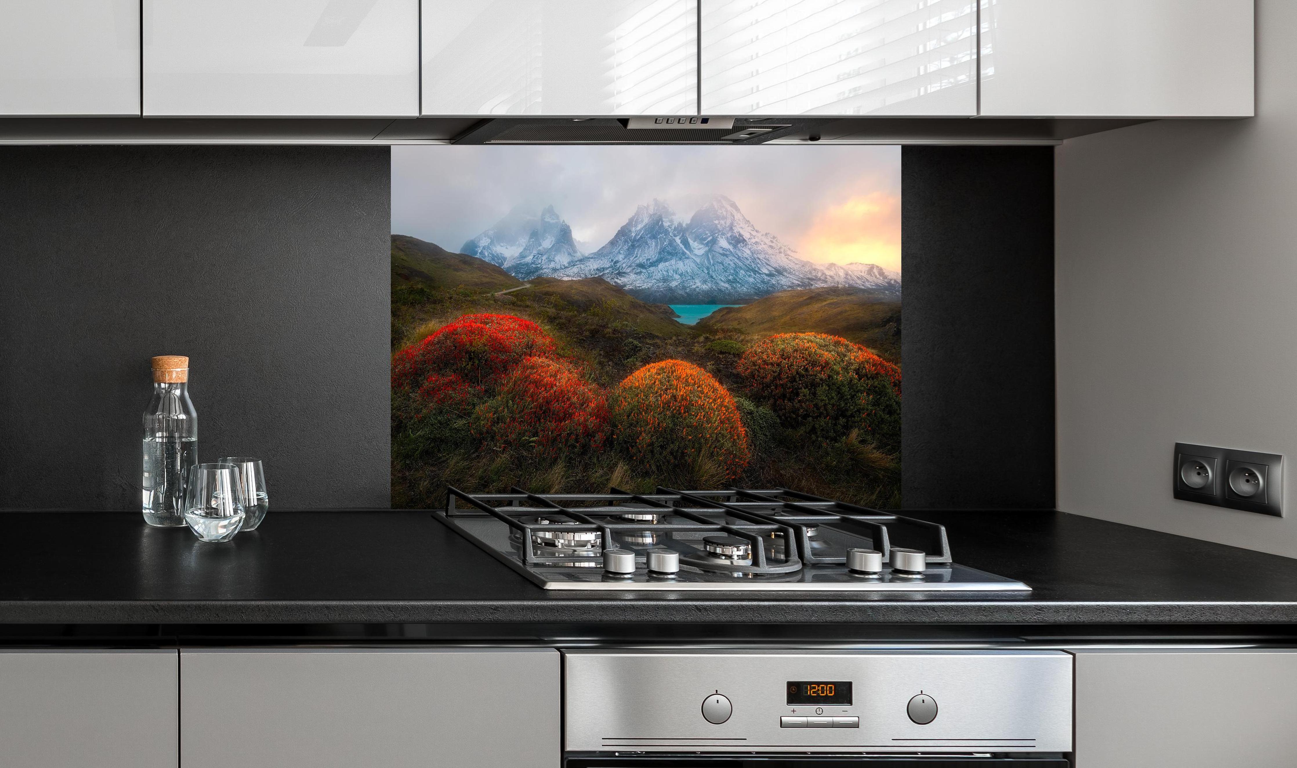 Spritzschutz - Patagonischer Frühling mit schneebedeckten Gipfeln hinter einem Cerankochfeld zwischen Holz-Kochutensilien
