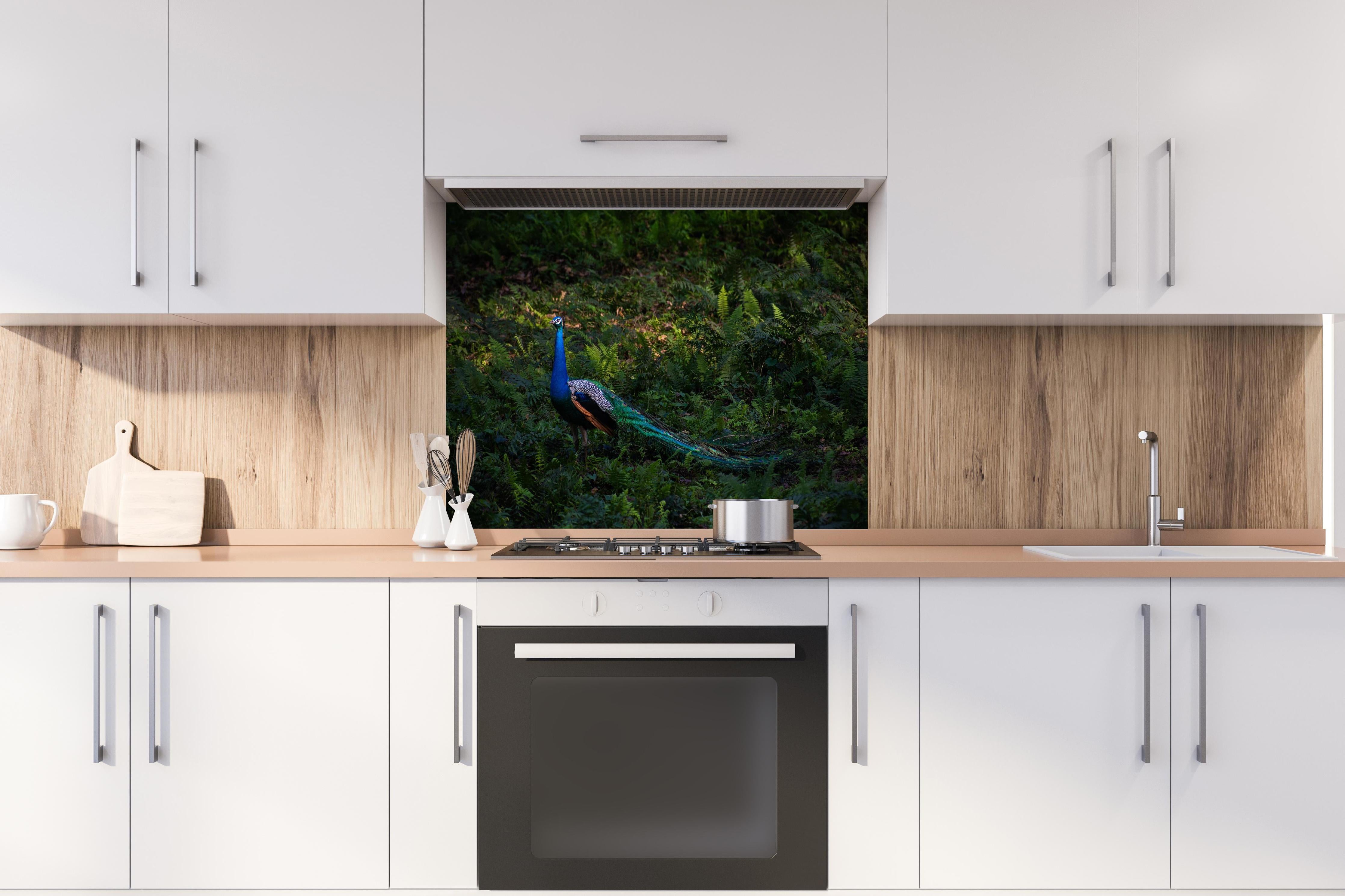 Spritzschutz - Pfau in freier Natur hinter einem Cerankochfeld zwischen Holz-Kochutensilien
