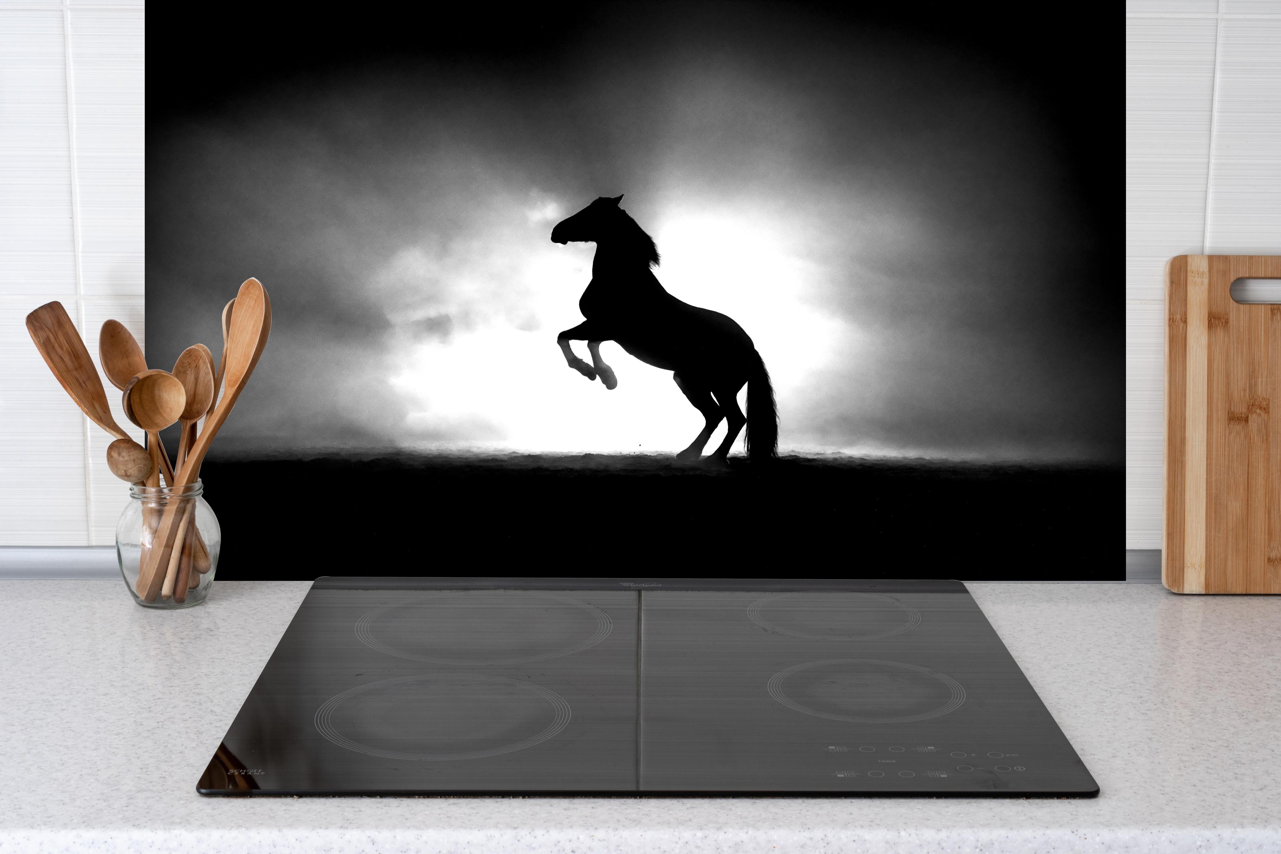 Spritzschutz - Pferd-Aufzucht in Schwarz-Weiß hinter einem Cerankochfeld zwischen Holz-Kochutensilien
