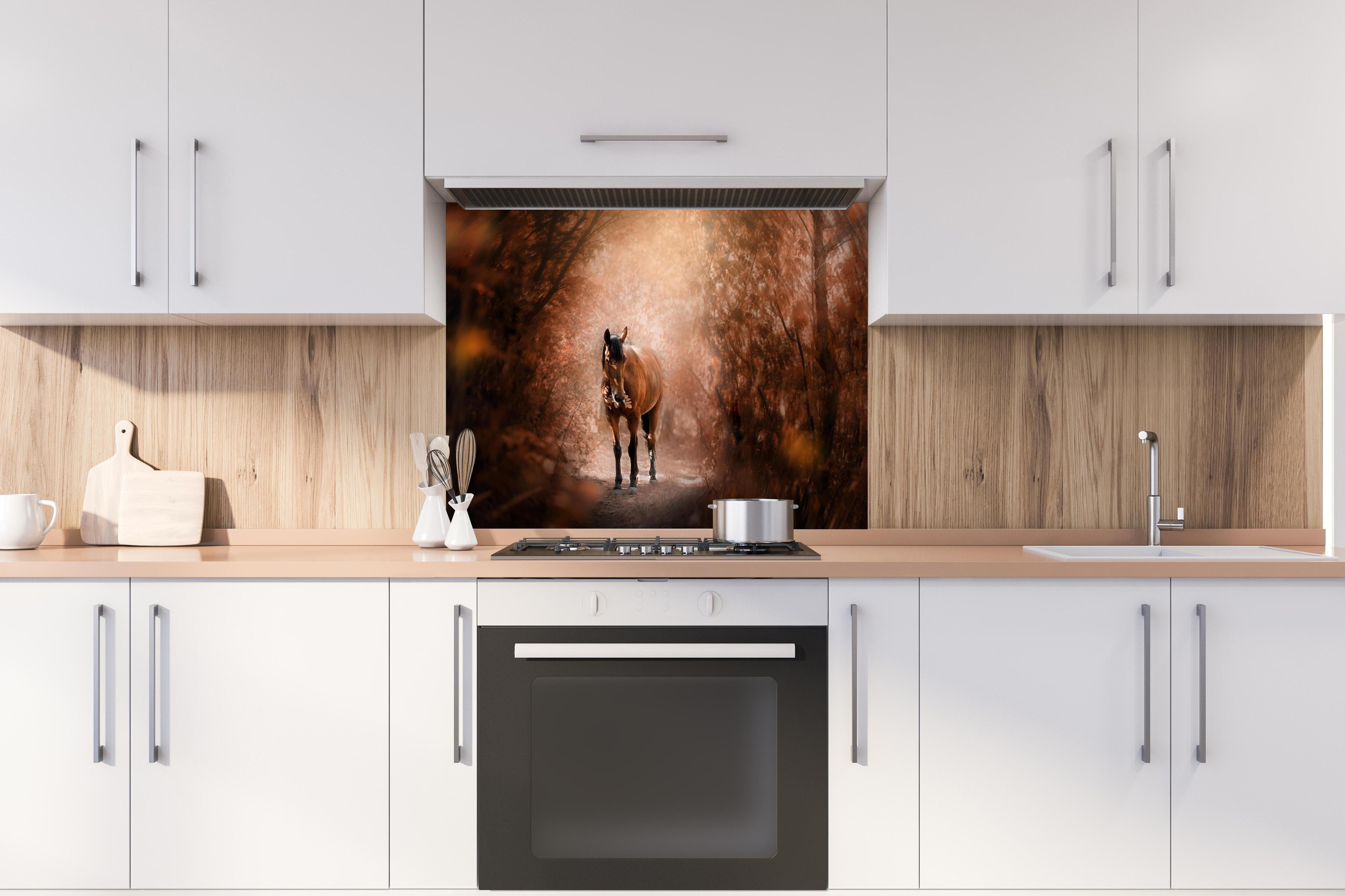 Spritzschutz - Pferd stehend im Wald hinter einem Cerankochfeld zwischen Holz-Kochutensilien
