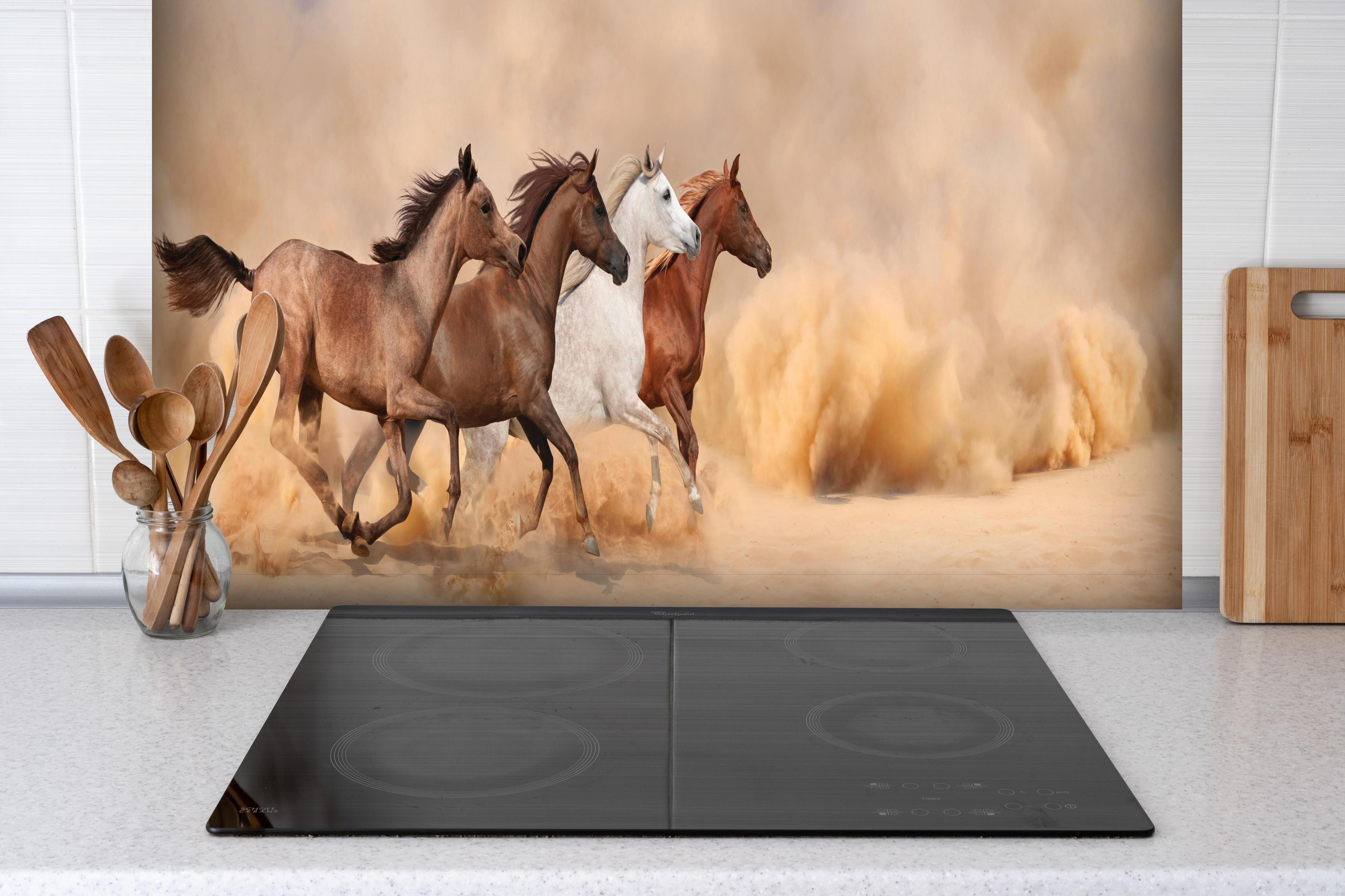 Spritzschutz - Pferde galoppieren im Sandsturm hinter einem Cerankochfeld zwischen Holz-Kochutensilien
