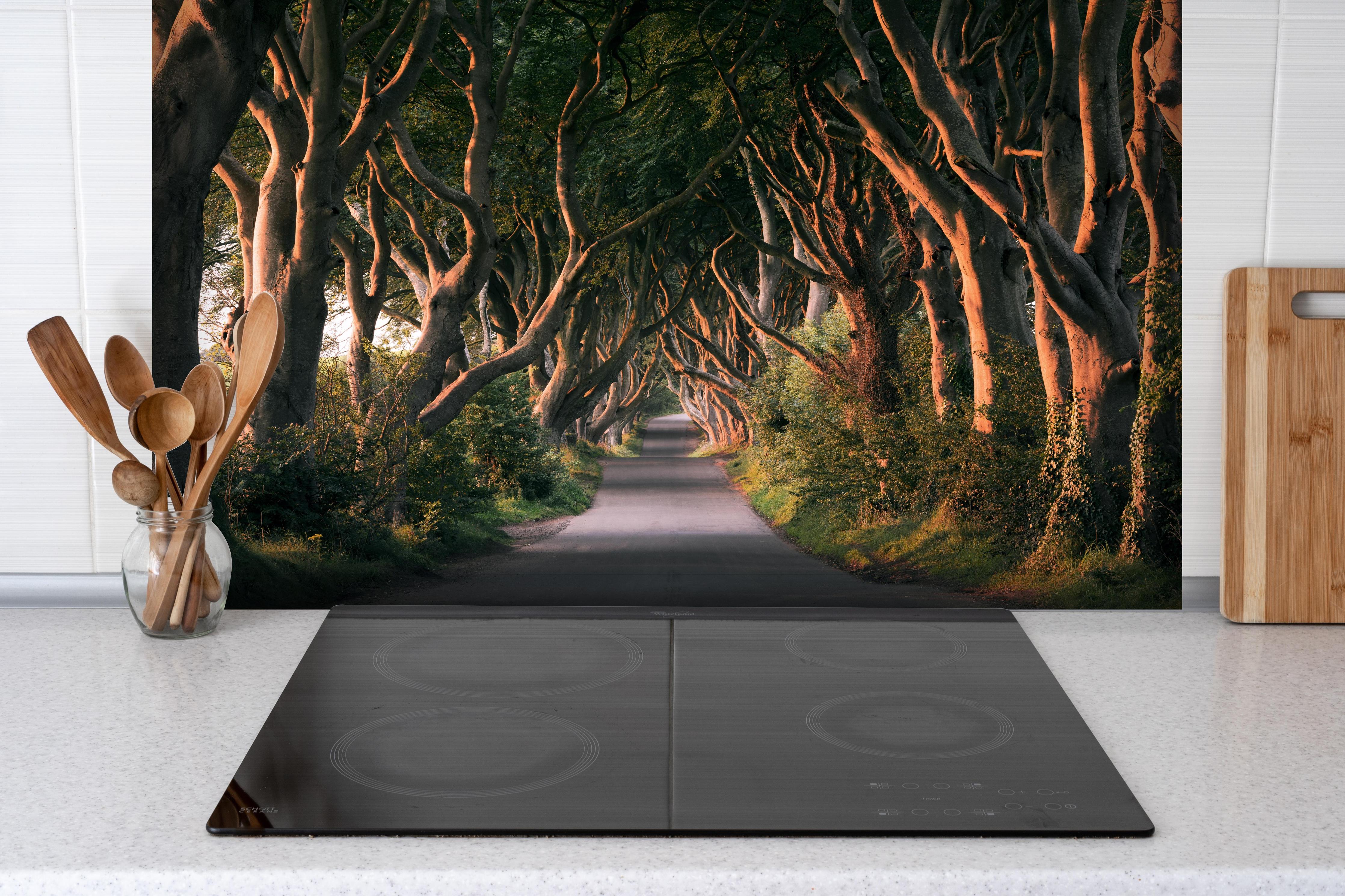 Spritzschutz - Red Avenue hinter einem Cerankochfeld zwischen Holz-Kochutensilien
