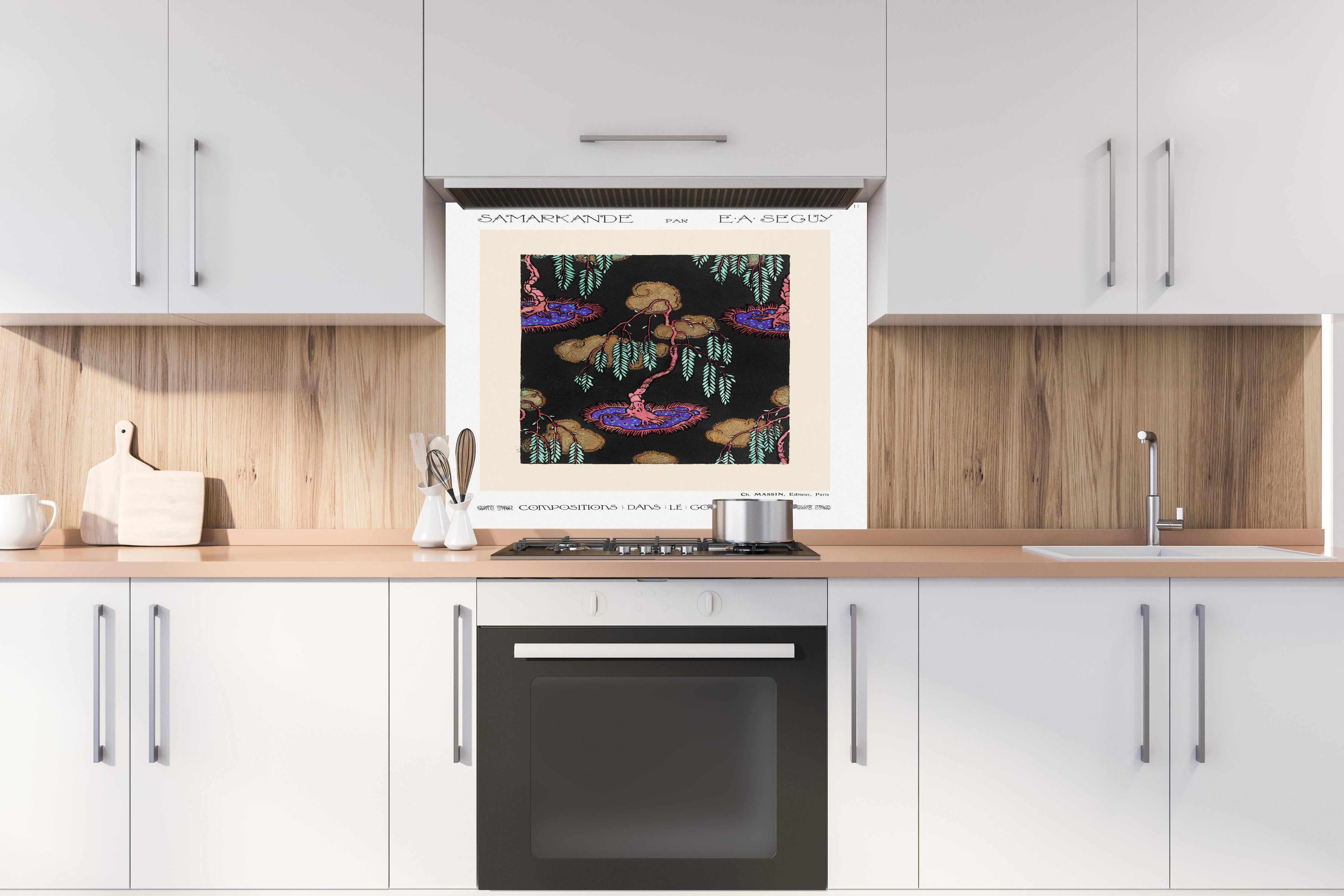 Spritzschutz - Retro Flora Zeichnung Meisterkünstler hinter einem Cerankochfeld zwischen Holz-Kochutensilien
