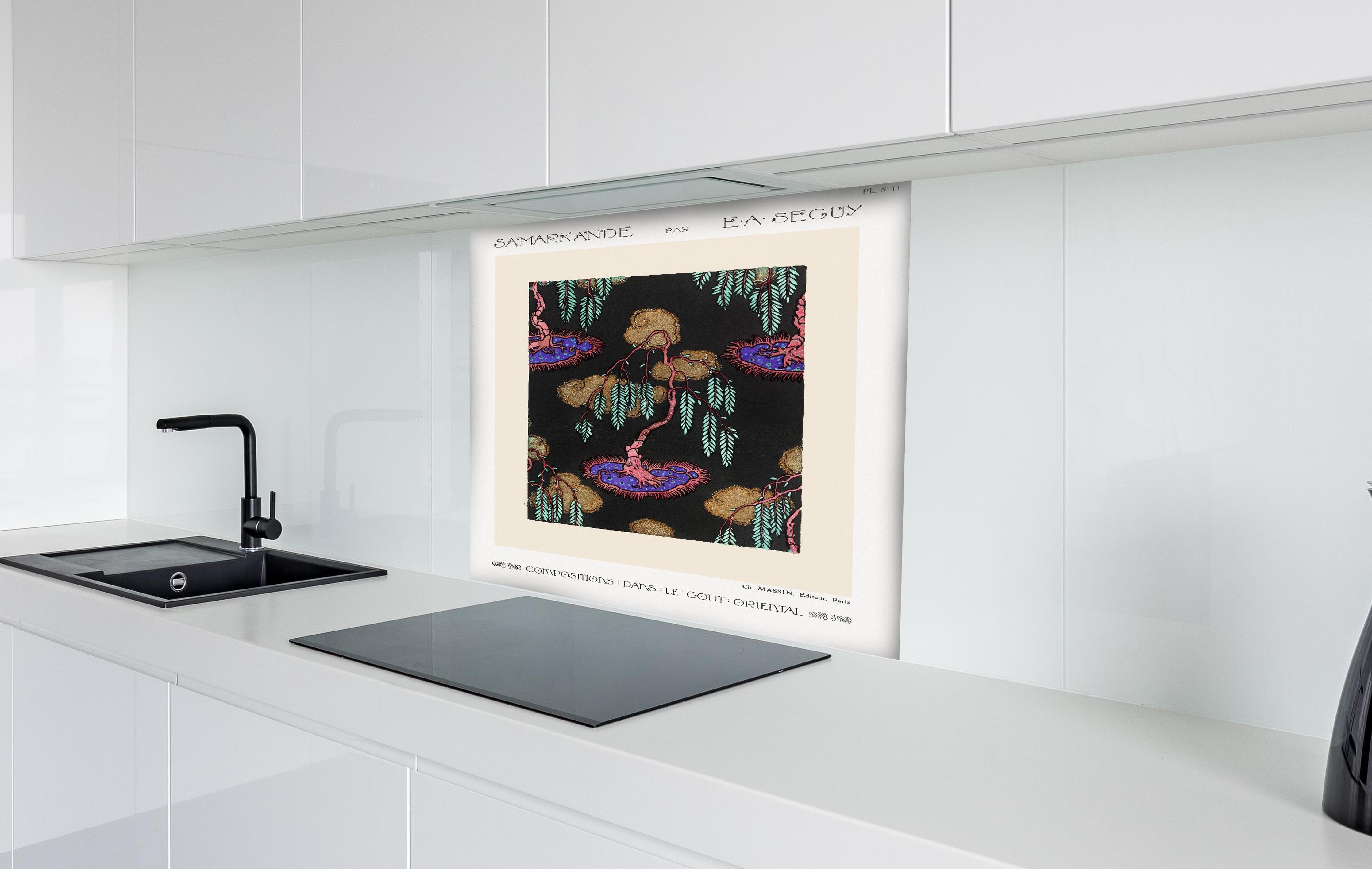 Spritzschutz - Retro Flora Zeichnung Meisterkünstler hinter einem Cerankochfeld zwischen Holz-Kochutensilien
