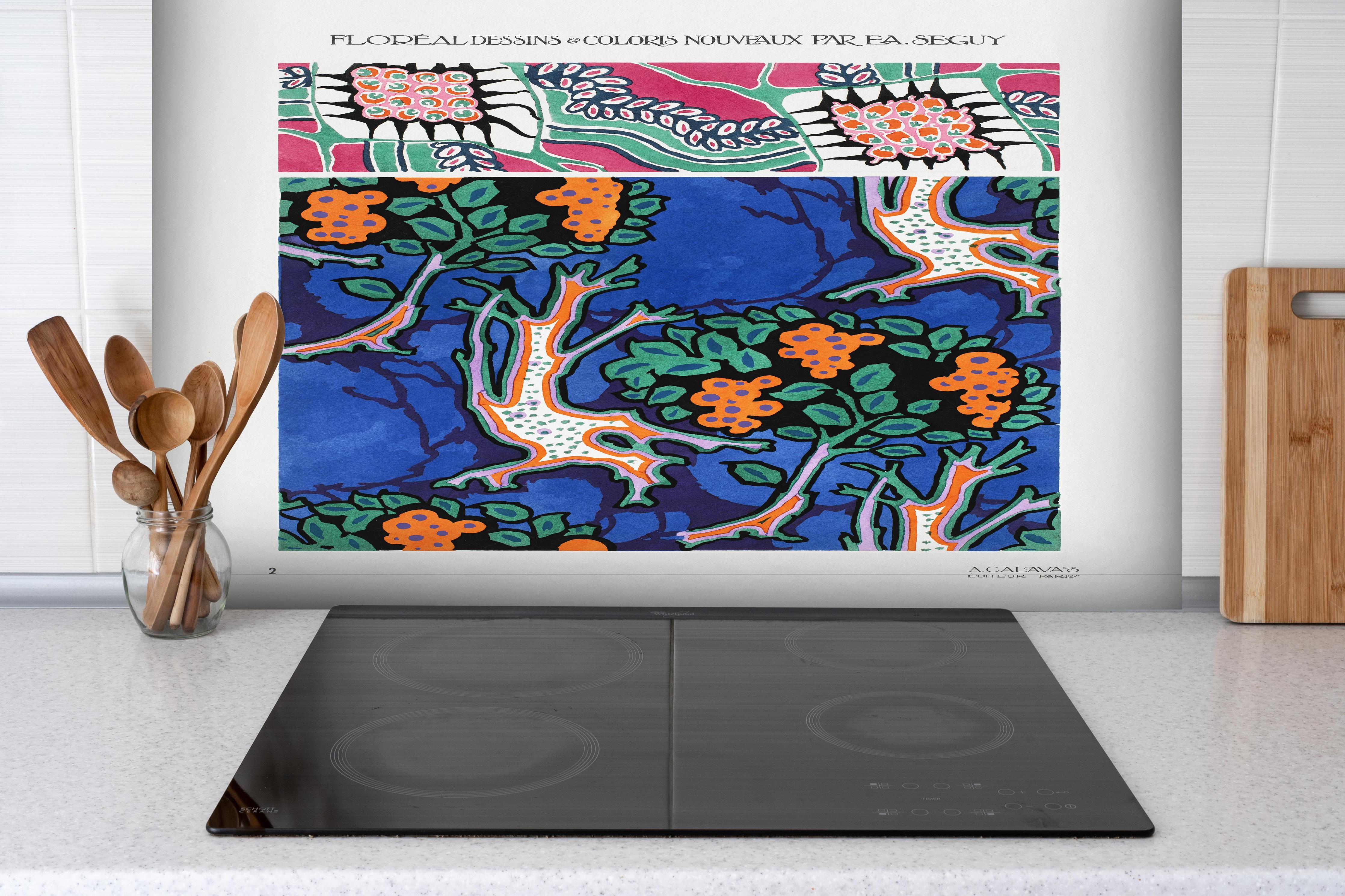 Spritzschutz - Retro Kollage - Französisch  hinter einem Cerankochfeld zwischen Holz-Kochutensilien
