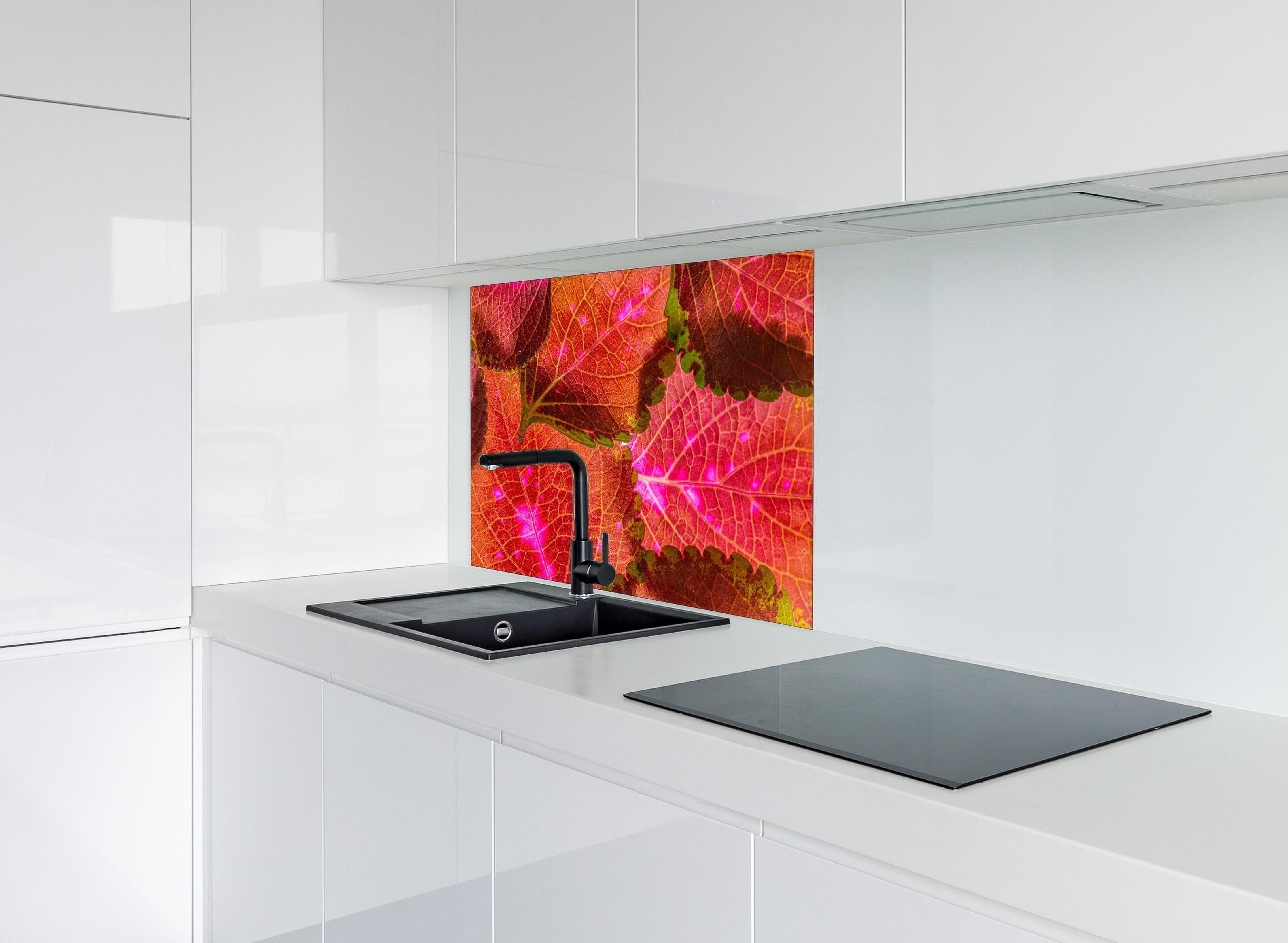 Spritzschutz - Rötliche Blätter im Detail hinter einem Cerankochfeld zwischen Holz-Kochutensilien
