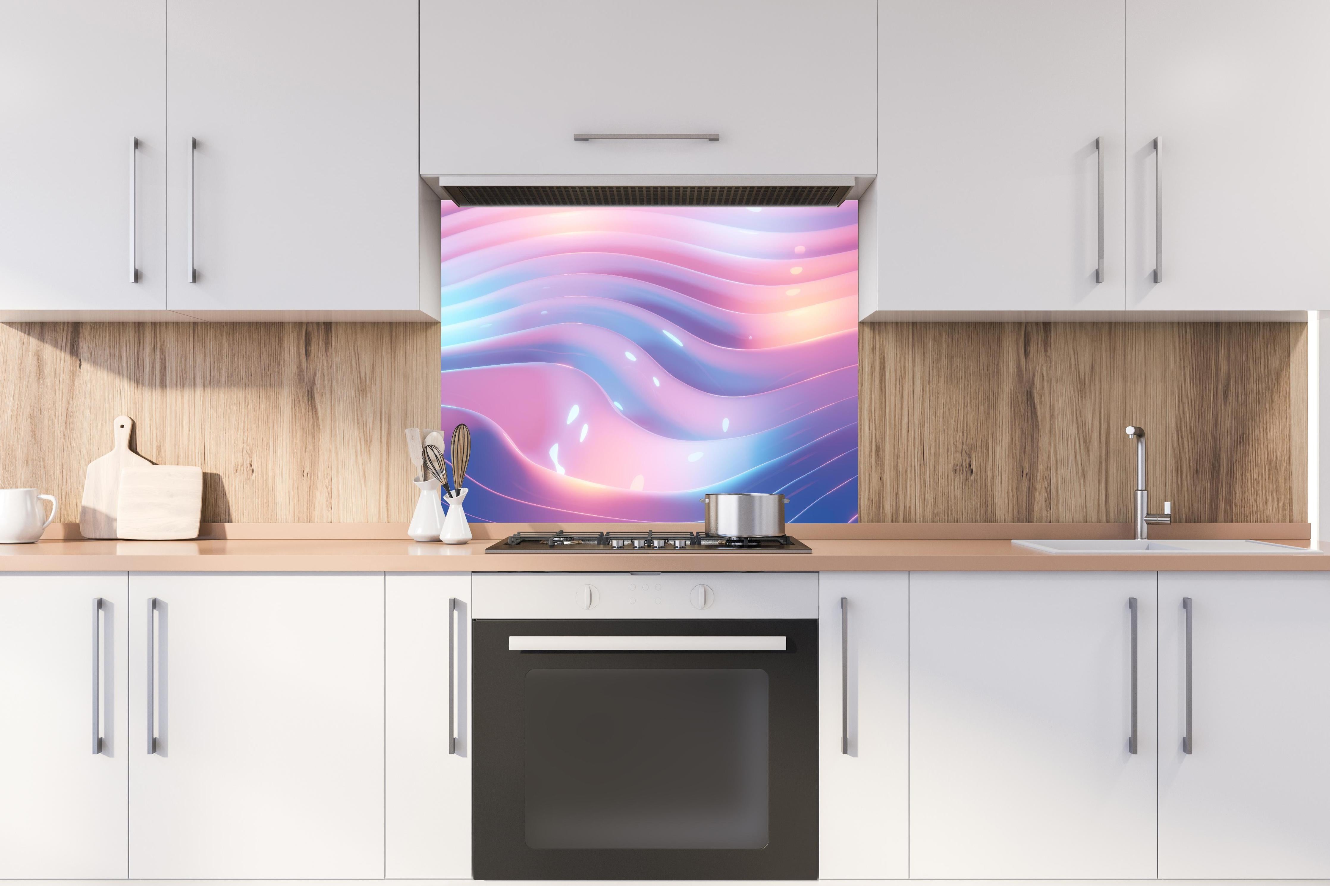 Spritzschutz - Rosa-Blau Wellige Abstrakte Kunst hinter einem Cerankochfeld zwischen Holz-Kochutensilien
